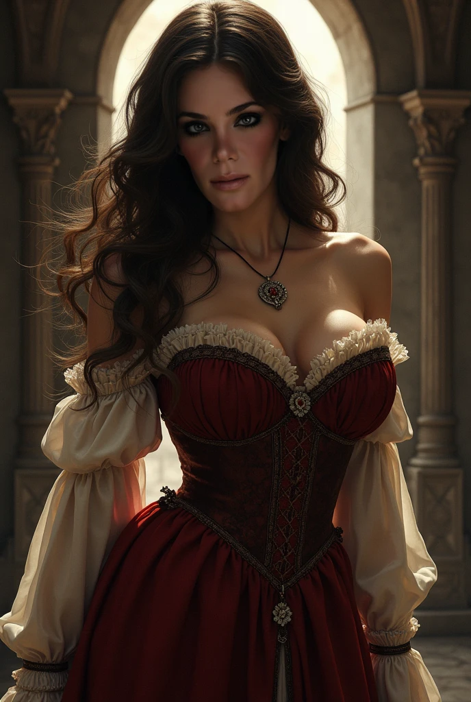 (masterpiece, top quality, best quality, official art, beautiful and aesthetic:1.2), (1girl:1.3), long and curly dark brown hair, extremely detailed, portrait, looking at viewer, solo, (full body:0.6), detailed background, close up, mischievous eyes, (warm summer castle theme:1.1), sorceress, charlatan, smirk, mysterious, walking in courtyard, revealing ((dark red)) sorcerer attire, red knee-length red skirt, off shoulder, straps, long sleeves, loose sleeves, cloak, corset, black leggings, black trousers, black pants, long brown boots, buckles, straps, pouches, (glowing magical energy, casting a spell), red fabric, white trim, ((((gigantic breasts, cleavage, skindentation)))), slim waist, slim hips, long legs, medieval (castle exterior:1.1) background, dark mysterious lighting, shadows, magical atmosphere, dutch angle