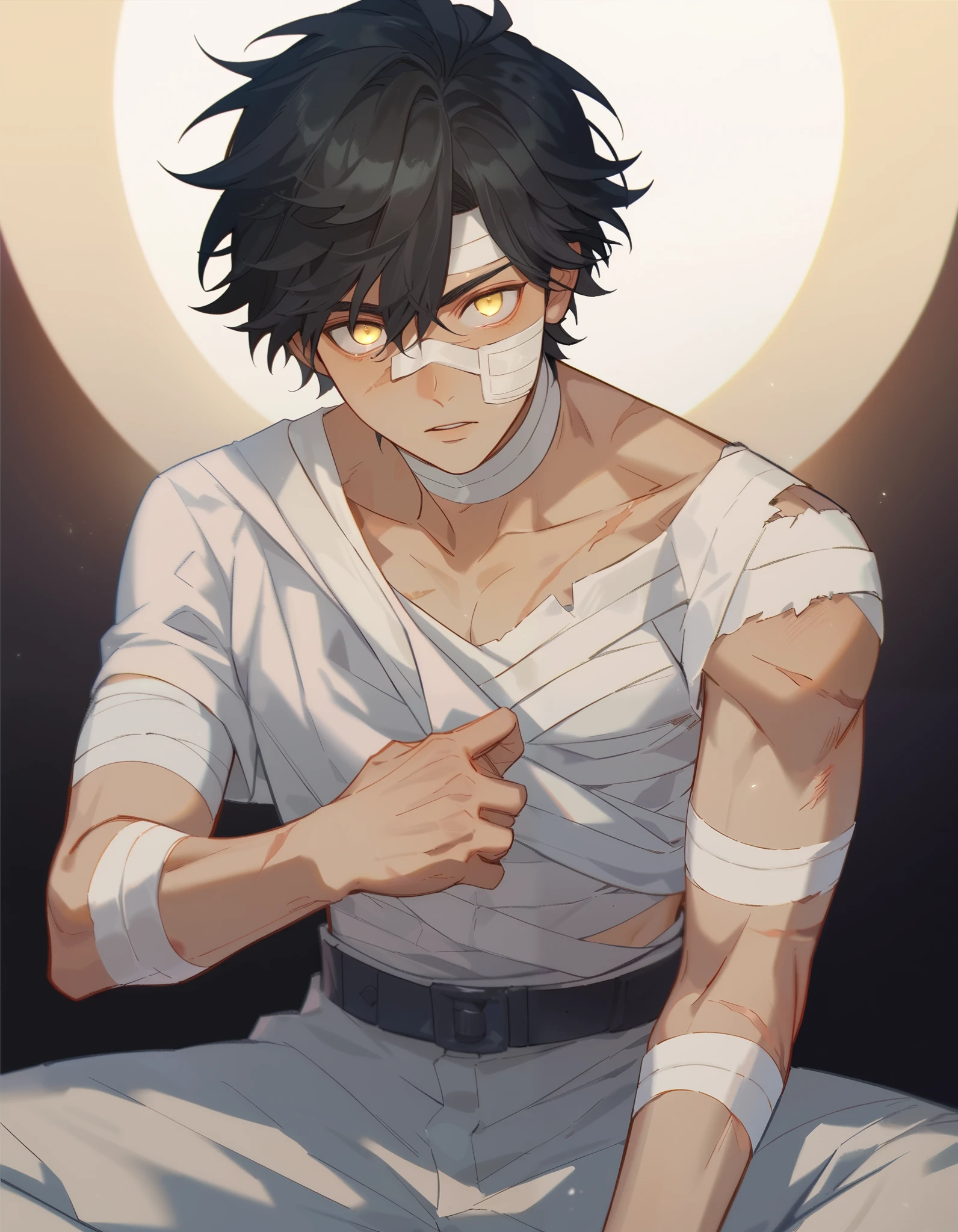  A Man, youthful appearance, burnt pele, light golden eyes, black hair with long bangs over his eyes. He has bandages over his body, bandage covering all broken skin and scars. He has an expression, sitting on the floor, while holding and pulling a bandage from his skin. Thin and tall physique. Environment is an empty and half-dark room. 