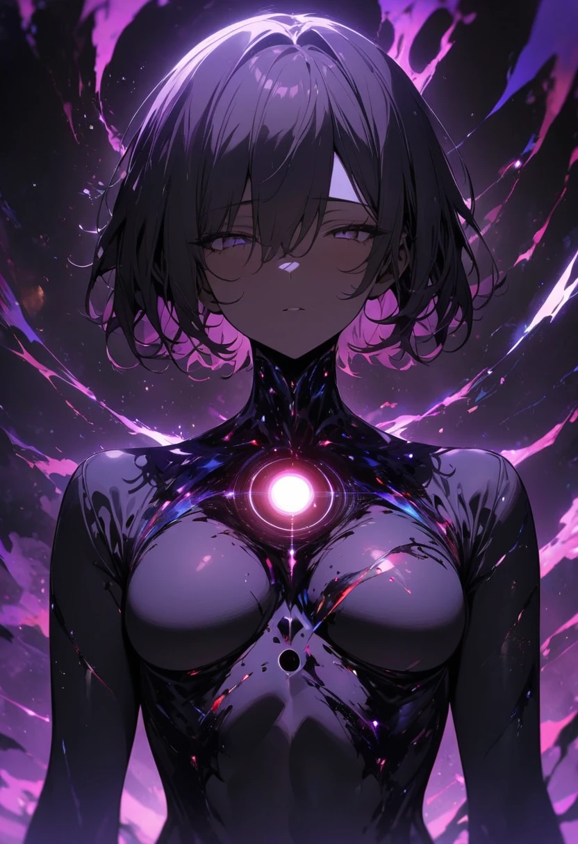 Tomboy, yellow eyes, dark skinned, ((black skin)), brown nipples, messy hair, anime style, black hair, short hair, sweating a lot, exposed body, nsfw, medium breasts, erotic, defined body, strong abs, erotic pose, soft smile, sensual, Hyper detailed, best quality, masterpiece, vivid colors, professional lighting, 8K, UHD, HDR, purple lights, dark background.
