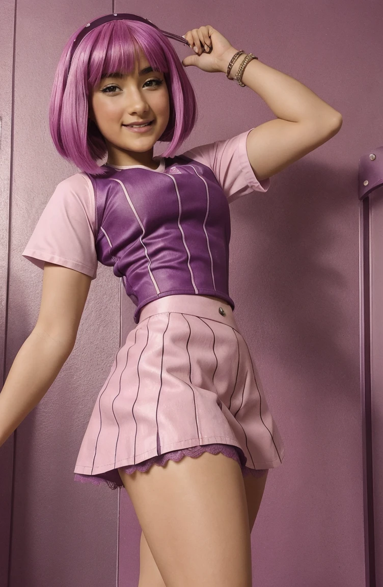 (((Girl ))) ,(sexy girl), short purple minskirt and lace stockings, Stephanie from lazy town high quality ,pinkies Hair,((skirtlift)), (curvy, deep cleavage), big breasts, high quality, (is), from behind