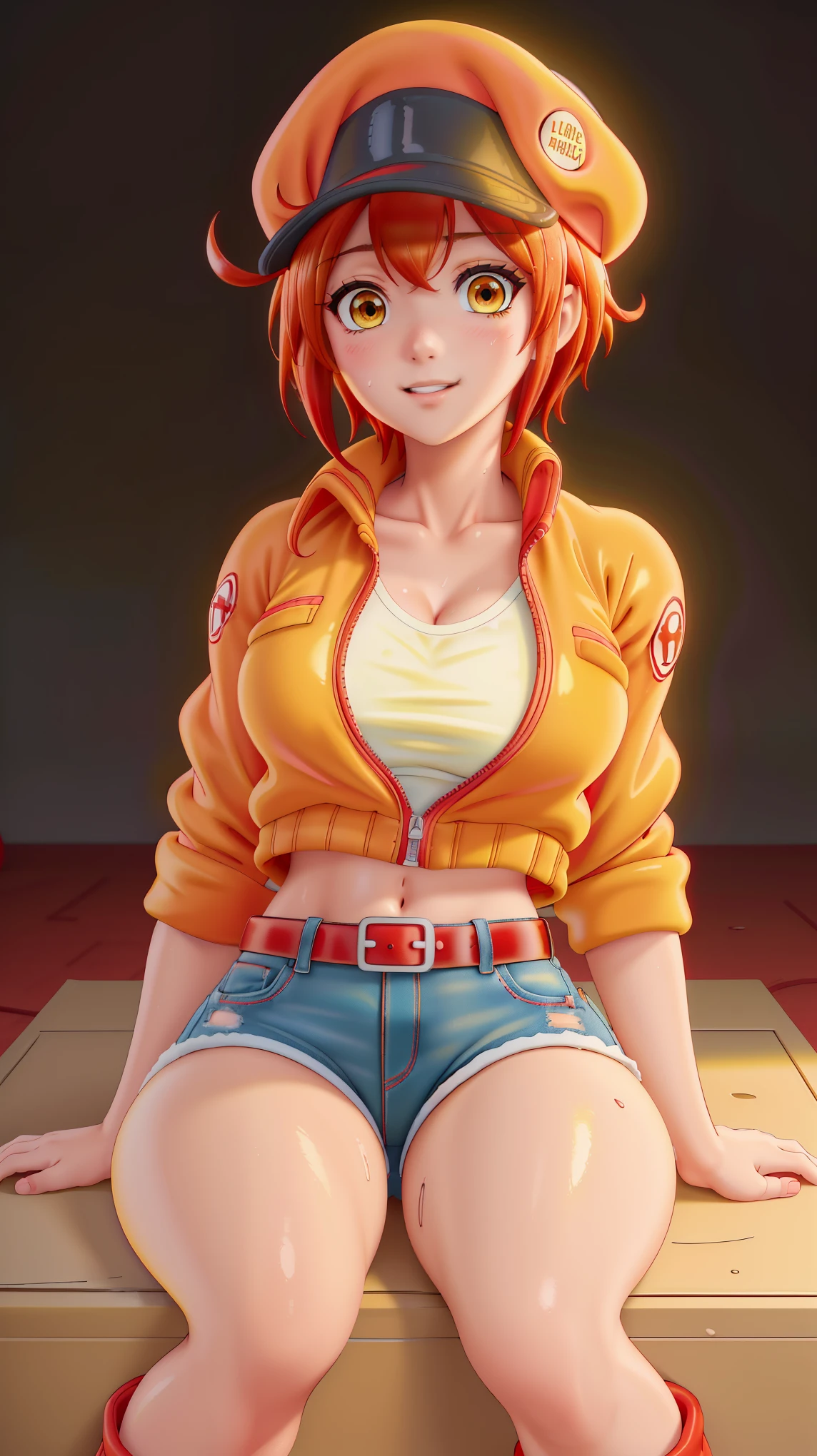 (((Top Quality))), ((Masterpiece)), ((Art)), (RAW Photo), (Shiny Skin), (Thick Thighs:1.4), (Vibrant Color:1.3), Ultra HD, High Resolution, Very High Resolution, Complex Grieble Pieces, Red Color Theme, Short Red Hair, (Yellow Eyes:1.3), Ahoge, Hair Between Eyes, Body Focus, Illustration, Cute Face, Extremely Beautiful, red blood cell ae3803, inspired by Red Blood Cell from "Cells at Work!" (Hataraku Saibou), wearing a tight and revealing red jacket (unzipped slightly, exposing cleavage), black crop top, extremely short denim shorts, thigh-high black stockings, white gloves, black boots, red headwear (cabbie hat with "RED BLOOD CELL" logo), and belt, sitting atop a sturdy cardboard box labeled "O₂," leaning back slightly with one hand resting on the box and the other playfully lifting her hat, legs crossed or spread slightly for a relaxed and confident pose, sweat glistening on her skin, flushed cheeks, and a satisfied smile as she enjoys a moment of rest, her red jacket slightly slipping off her shoulders, hair tousled from exhaustion, background showing a peaceful residential street in Japan, warm sunset light casting a soft golden glow, gentle wind slightly lifting her hair and clothes, camera positioned at a side angle, capturing her curves and confident yet alluring presence.