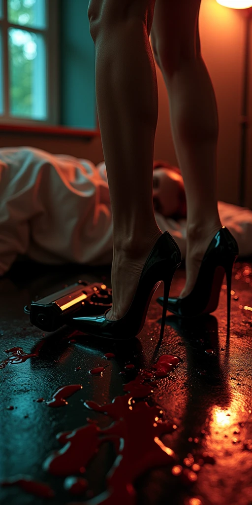 young girl, covered in blood and raw meat, lying on floor drunk, Italian gothic castle, Frank Frazetta, Bernie Wrightson, lurid and vivid colors, euro-horror aesthetic, wearing leather dress, bats, hatchet, dead teddy bear, insane, HD, 8x, lomo effect, sharp contrast Technicolor,