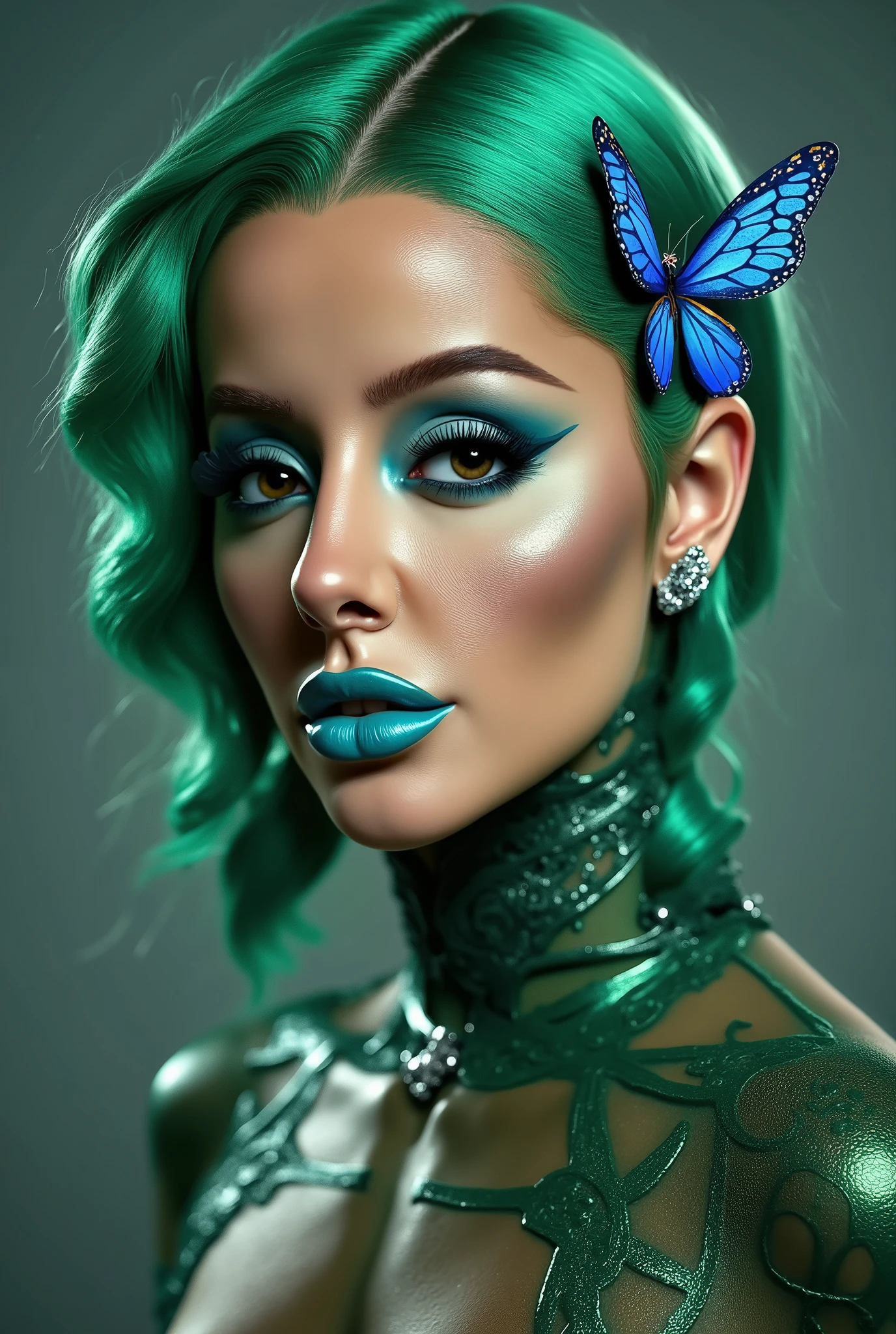 incredibly long and voluminous eyelash extensions, bright green makeup , green hair, diamond earrings , collar, blue lips, blue butterfly clip on the side of the hair
