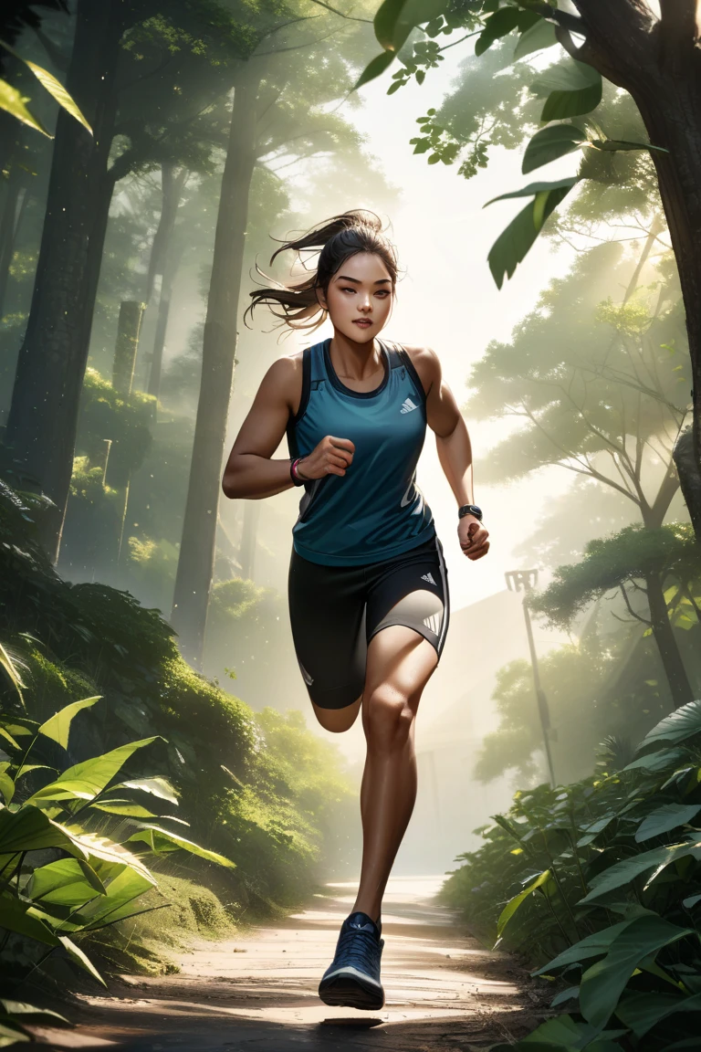 In the flourishing forest, a woman clad in lightweight athletic attire gracefully and agilely runs. Sunlight filters through the leaves, casting dappled shadows as she seamlessly merges with nature, breathing in the fresh air and relishing the tranquility of the running trail.