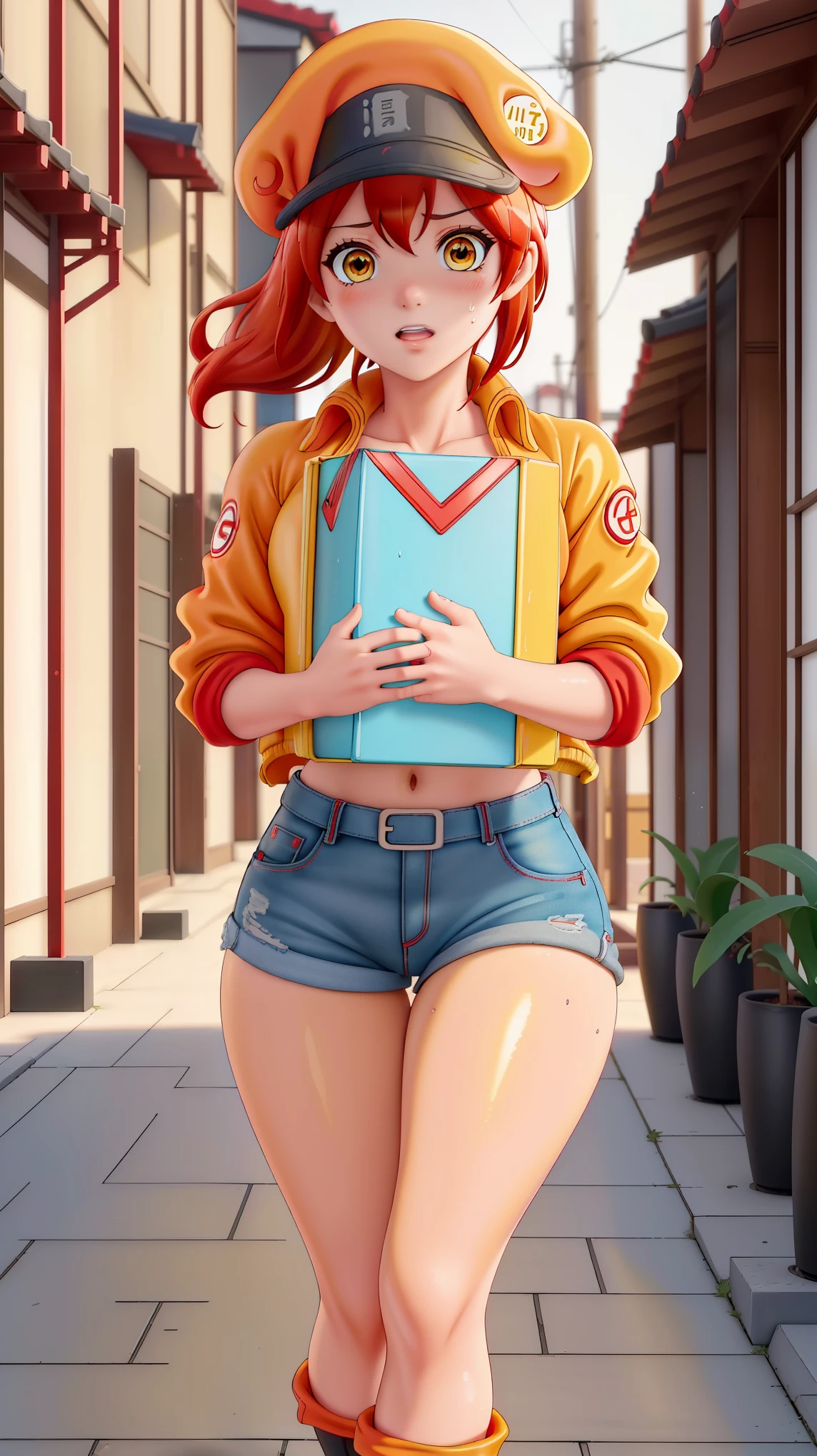 (((Top Quality))), ((Masterpiece)), ((Art)), (RAW Photo), (Shiny Skin), (Thick Thighs:1.4), (Vibrant Color:1.3), Ultra HD, High Resolution, Very High Resolution, Complex Grieble Pieces, Red Color Theme, Short Red Hair, (Yellow Eyes:1.3), Ahoge, Hair Between Eyes, Body Focus, Illustration, Cute Face, Extremely Beautiful, red blood cell ae3803, inspired by Red Blood Cell from "Cells at Work!" (Hataraku Saibou), wearing a tight and revealing red jacket (unzipped slightly, exposing cleavage), black crop top, extremely short denim shorts, thigh-high black stockings, white gloves, black boots, red headwear (cabbie hat with "RED BLOOD CELL" logo), and belt, holding a box labeled "O₂" tightly in her arms while running energetically through a quiet residential street in Japan, her legs in full stride, hair and jacket bouncing with movement, expression full of determination and enthusiasm, sweat slightly visible on her skin, flushed cheeks from exertion, background featuring a row of traditional Japanese houses, narrow streets lined with bicycles, potted plants, and utility poles, soft golden sunlight filtering through, long shadows cast on the pavement, camera positioned slightly to the side, capturing her motion dynamically with a slight blur in the background for depth, vibrant and engaging atmosphere, emphasizing her dedication and energy.