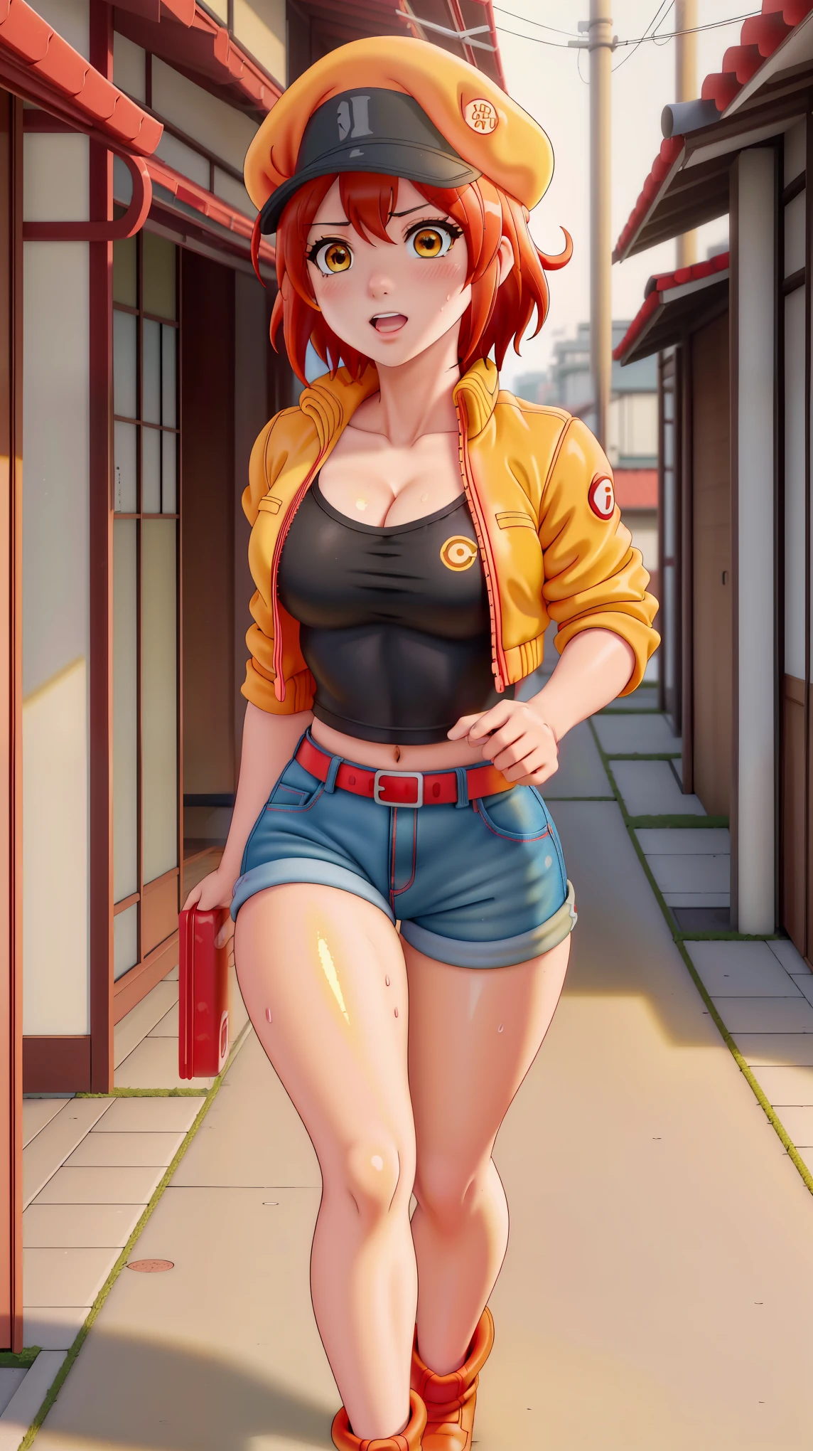 (((Top Quality))), ((Masterpiece)), ((Art)), (RAW Photo), (Shiny Skin), (Thick Thighs:1.4), (Vibrant Color:1.3), Ultra HD, High Resolution, Very High Resolution, Complex Grieble Pieces, Red Color Theme, Short Red Hair, (Yellow Eyes:1.3), Ahoge, Hair Between Eyes, Body Focus, Illustration, Cute Face, Extremely Beautiful, red blood cell ae3803, inspired by Red Blood Cell from "Cells at Work!" (Hataraku Saibou), wearing a tight and revealing red jacket (unzipped slightly, exposing cleavage), black crop top, extremely short denim shorts, thigh-high black stockings, white gloves, black boots, red headwear (cabbie hat with "RED BLOOD CELL" logo), and belt, holding a box labeled "O₂" tightly in her arms while running energetically through a quiet residential street in Japan, her legs in full stride, hair and jacket bouncing with movement, expression full of determination and enthusiasm, sweat slightly visible on her skin, flushed cheeks from exertion, background featuring a row of traditional Japanese houses, narrow streets lined with bicycles, potted plants, and utility poles, soft golden sunlight filtering through, long shadows cast on the pavement, camera positioned slightly to the side, capturing her motion dynamically with a slight blur in the background for depth, vibrant and engaging atmosphere, emphasizing her dedication and energy.