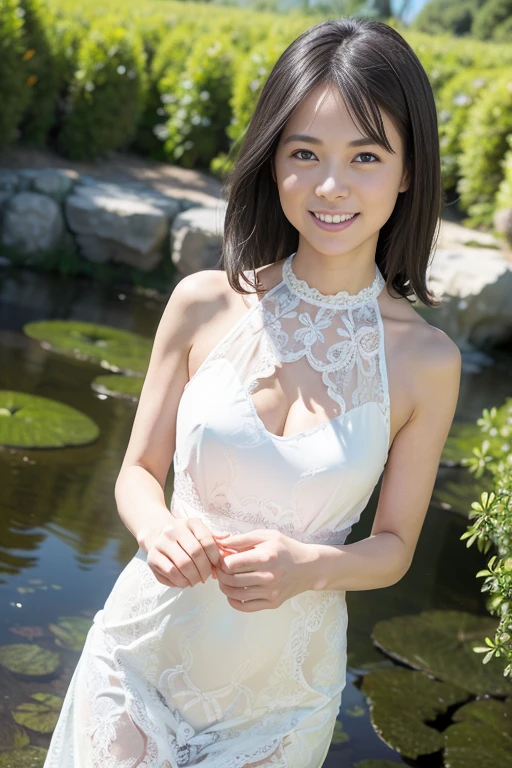 1girl, see-through blouse, short sleeve, tyndall effect, detailed face, looking at viewer, gentle smile, side lighting, (masterpiece:1.4), best quality, high resolution, cinematic lighting, (white flower:1.4) inside kintsugi lacquer vase, on water, (water reflection:1.2), super details, sharp focus, natural lighting, depth of field, vibrant, water ripples, (gigantic breast:1.2),