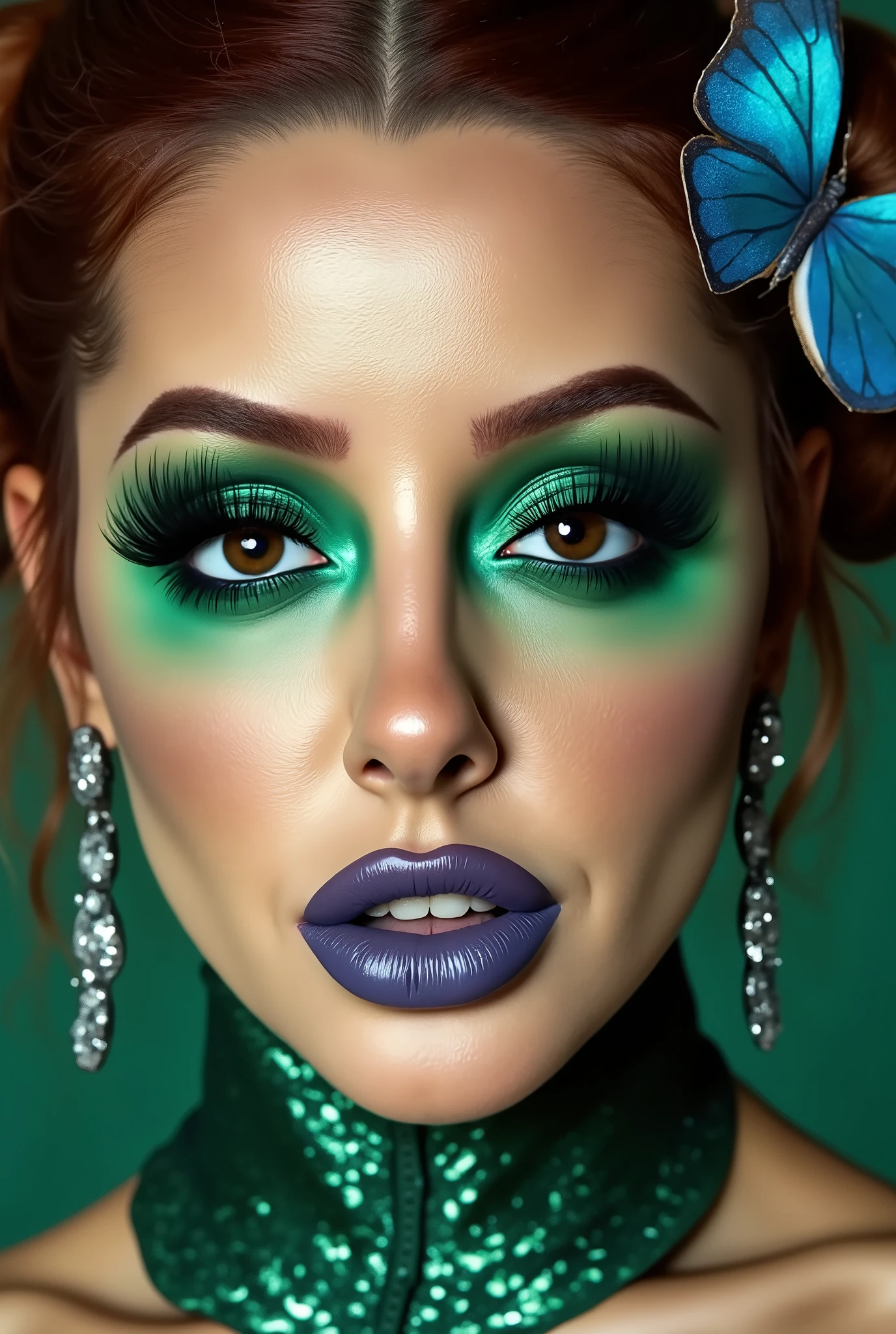 incredibly long and voluminous eyelash extensions, bright green makeup , brown hair,  diamond earrings  , collar, blue lips, blue butterfly clip on the side of the hair