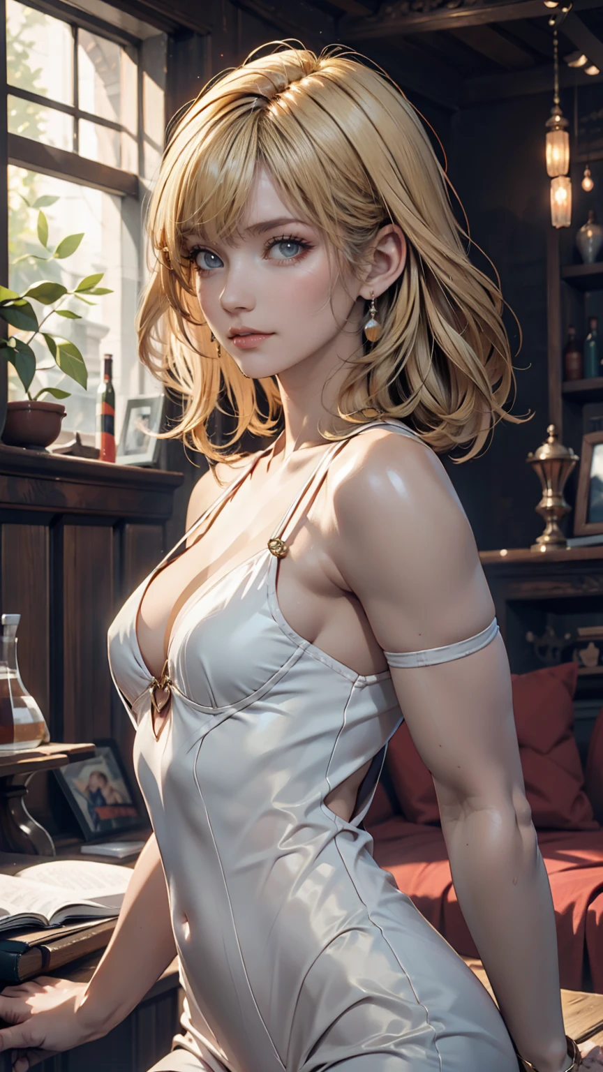 portrait, elegant adult woman, blue eyes, blonde hair, 4k resolution, high quality cg, beautiful cg, soft light
