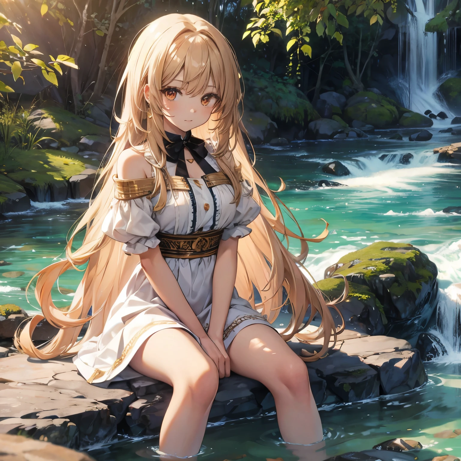  anime character Brazilian indigenous adult female, Beige dress,     brown skin    , Long hair with bangs  , Sitting by the river,   masterpiece, has the best quality,   Detailed skin  , Detailed Eyes,   orange eyes, 8,000,   Good shading  , Beautiful handwritten ,   detailed background, Good Anatomy  
