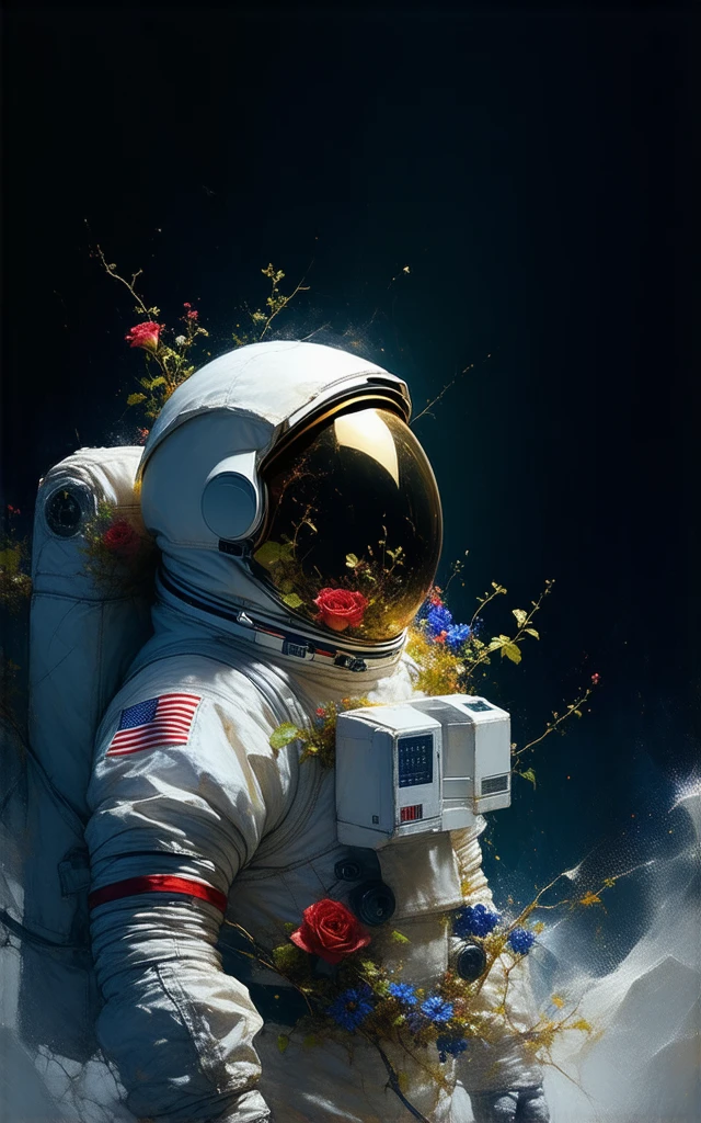 "Floral Astronaut" hand-drawn watercolor, muted tones, flowers everywhere