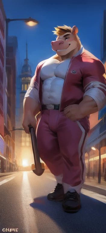 Muscle King Kong, Pectoralis major, Heavyweight, Bodybuilder, Wearing a white jacket, skirt, Big bulge, Standing while playing with smartphone, In public buildings, Bright smile expression, glowing skin, Vibrant colors, 4K, realism, Cool lighting