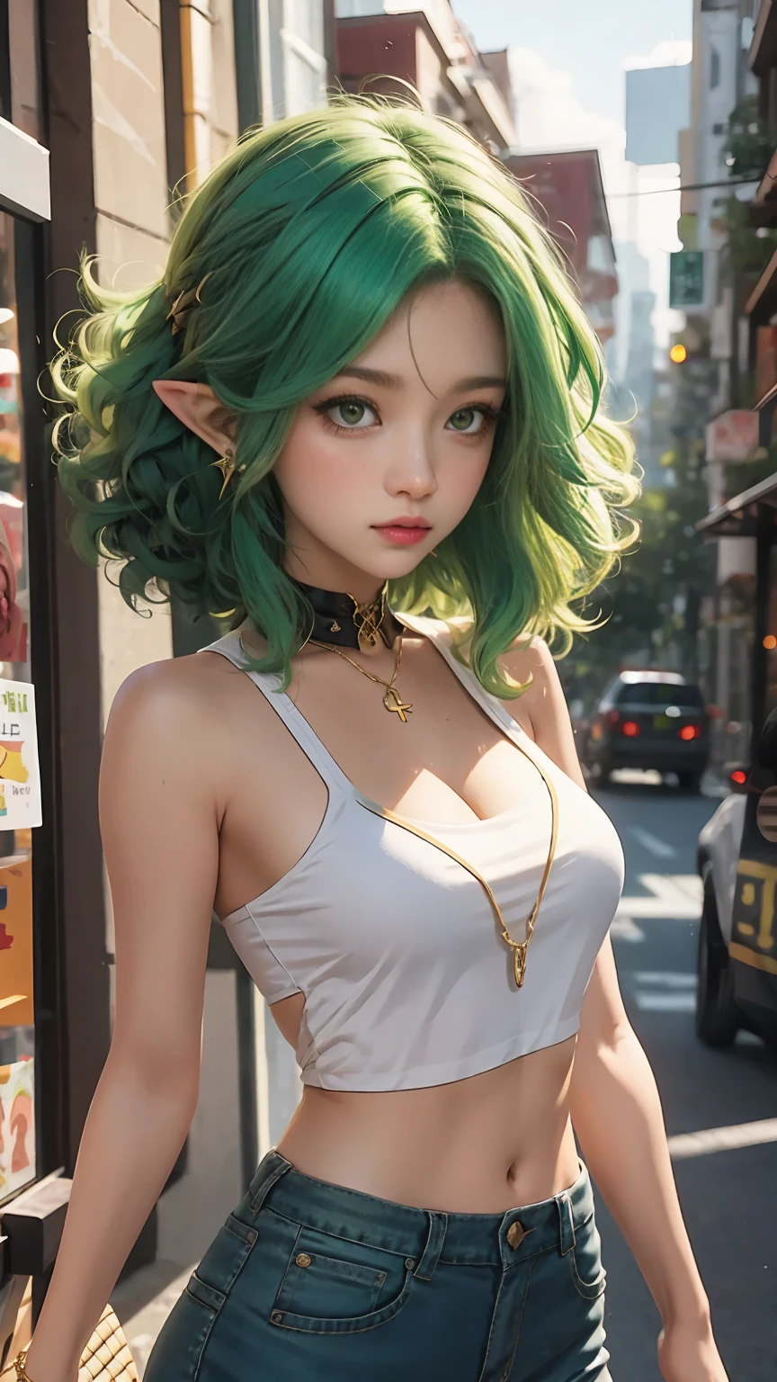 1 girl, eyes closed, nose, elf ears, eyebrow, smiling, teeth, big green hair, Blue hair ends, Bangs, hair between eyes, lola:Add to_detail, short sweatshirt on abdomen, short skirt, slim waist, abdomen , Big breasts, Thick legs, big thighs, Permanently installed，Naked trench (huge breasts:1.2),wet skin（（rogue））cool atmosphere，shiny skin，big breasts, big breasts, M cup