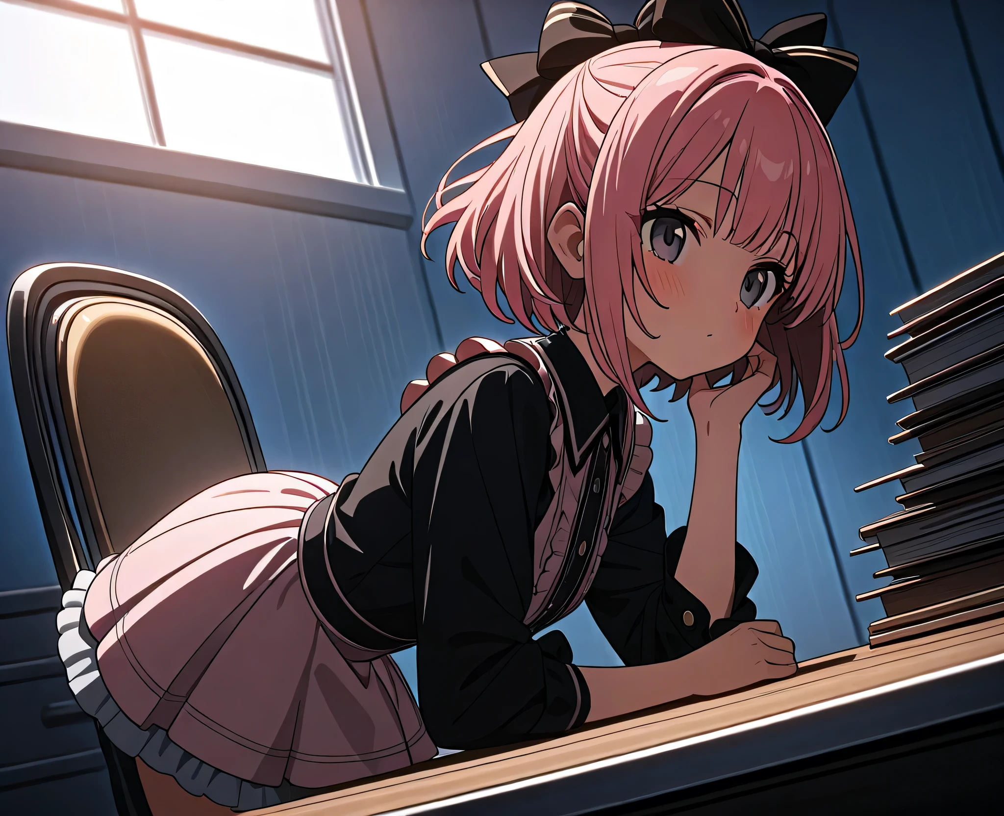 threequaterview、 moonlight 、old meeting room、silver desk、sitting on a chair、 ((face forcus)), standing,Source Anime, (Masterpiece), (Best Quality)), (Very Detailed), ((Cute)), (Amazing), (Detailed)), 4K, (8k), Highest Quality , (beautiful), perfect anatomy, ((perfect hands)), (perfect fingers)
ultra-definition depiction,
break
(( 1girl )), 16's years old, short hair, quick bangs、round face、,, pink hair, ((grey eyes)), hair bow, cute eyes, Fluffy dress、 jirai, natural make up、looking into the distance、Red Eyes、Laser