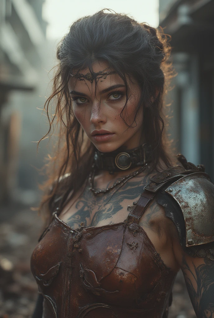 350463809 sexy warrior, battle outfit, in a gloomy environment, devastated forest, ultra realisitic, 8k, hair and face with blood, very detailled, struggling pose