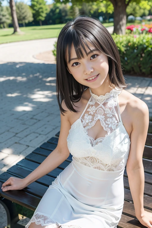 Best quality, masterpiece, ultra high res, (photorealistic:1.4), raw photo, 1girl, white dress, off shoulder, blossom flower field, glowing skin, light smile