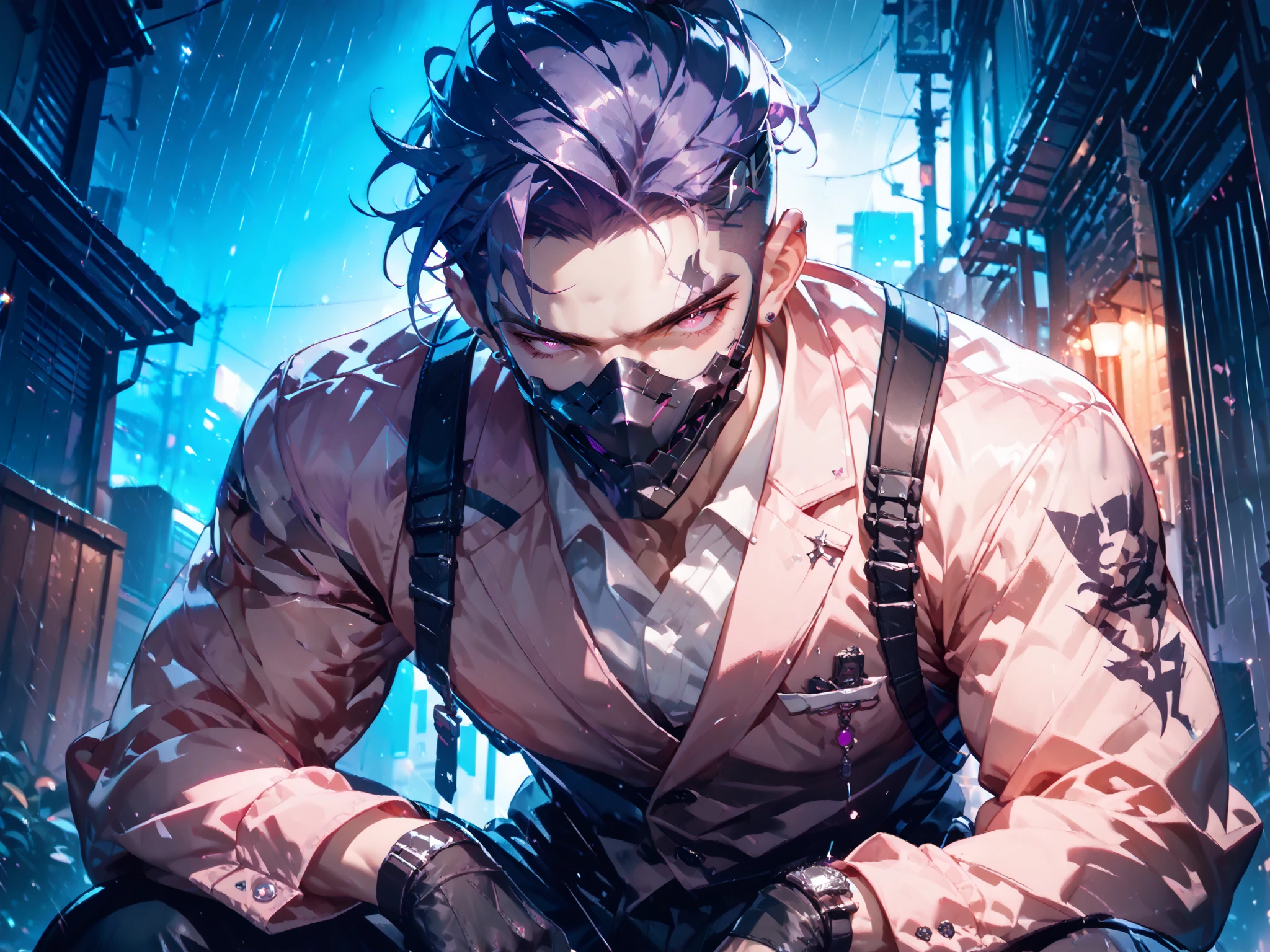 squats, looking down at viewer, solo, 1boy, pink eyes ((Eyes with high detail, no defects, pupils of equal size)), (half mask), criminal, punk, lustful gaze, strong, manly, athletic, purple hair, undercut, spicy hair, mature, pink blazer, white shirt, black gloves, dark alley, mess, night, storm, rain, outdoors, particles, fractal, best quality, 8k, highres, masterpiece, ultra-detailed, dramatic lighting