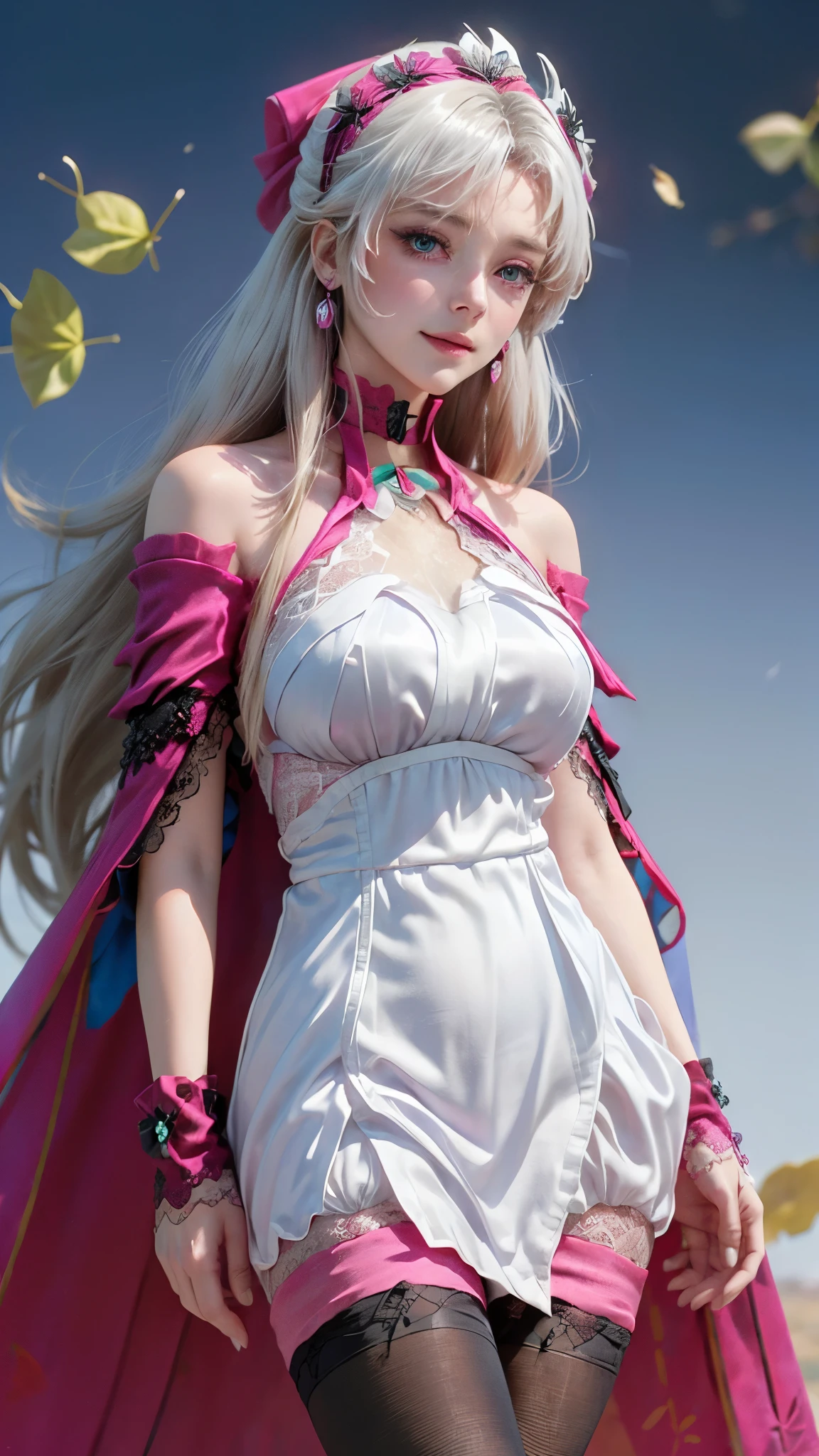 Landscape of a very beautiful 1girl, (white plain backdrop photo:1.8)!, (face exposed)!, (full body shot)!, (photo from the side:1.3)!, (front focus), (background Blurry), Bokeh, lens flare, photography with Fujifilm XT3, depth of field, film grain, female focus, BREAK, Carlotta/(Wuthering Waves/), anime style, (light novel cover:1.8)!, ((blue leaves fall:1.8))!!, ((A Single Hand Grasps for the fluttering blue leaves:1.7))!!, (looks at the audience with beautiful blue eyes iris like sapphire)!, Ultra detailed eyes, (Beautiful light blue pupil's eye's like sapphire:1.4)!, Stars in her fixed eyes, (homochromatic eyes)!, (warm smile:1.4)!, long sleevemouth, (thin fresh peach lips)!, (Blush face)!, Perfect nose, Cute little nose, beatiful face, Face Clean, realistic Skin, hyper realistic, Perfect eyebrow appear through Light white hair, (long Light white hair himecut pony)!, (long straight smooth light white hair)!, (Big Magenta Hairtie:1.3)!, (magenta hair band:1.3)!, earrings ((dynamic composition)), BREAK, detached sleeves, (covered shoulders with magenta cape collar:1.7)!, (covered upper arm with magenta sleeves:1.7)!, /(((wear original costume of Carlotta Montelli from wuthering waves)))!!!, ((wear white mini halter neck dress:1.8))!!!, voluptuous, (((Magenta Cape Collar with sleeves:1.7)))!!!, (((wide brimmed magenta hand sleeves:1.7)))!!!, (magenta hairband:1.6)!, (black gloves:1.6)!!!, plump breasts, ((plump breast covered with white silk))!!, armpit, (((magenta overskirt)))!!!, Slim Legs, open smooth thigh, black garter stocking, (((black stretch lace top silky stocking:1.5)))!!!, black highheels with magenta hairbow, vivid color clothes, detailed realistic clothes, BREAK, Best Quality, Masterpiece, hight resolution, Full HD, CG 8K, perfect photo, dramatic lighting, ((Realistic fantasy art))!!, award winning, High Details, sharp-focus, ((white plain backdrop photo)), dynamic composition, breathtaking rendering, strong color, deep shadow