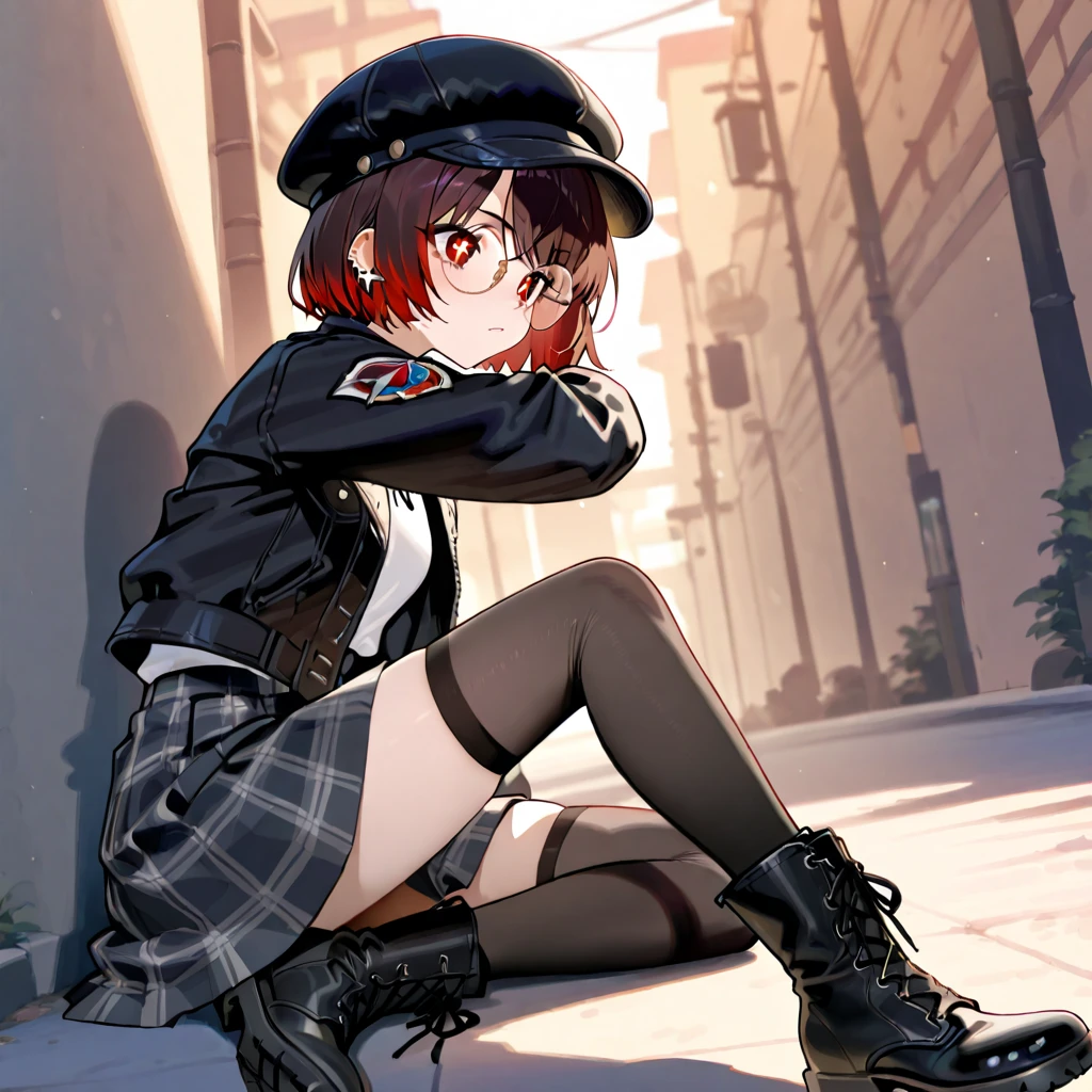((Highest quality)), ((masterpiece)), (detailed), 1girl, 独奏, bob cut, sliced bob, jacket, micro shorts, choker, bracelet, squatting, expressionless, from below, ass pov