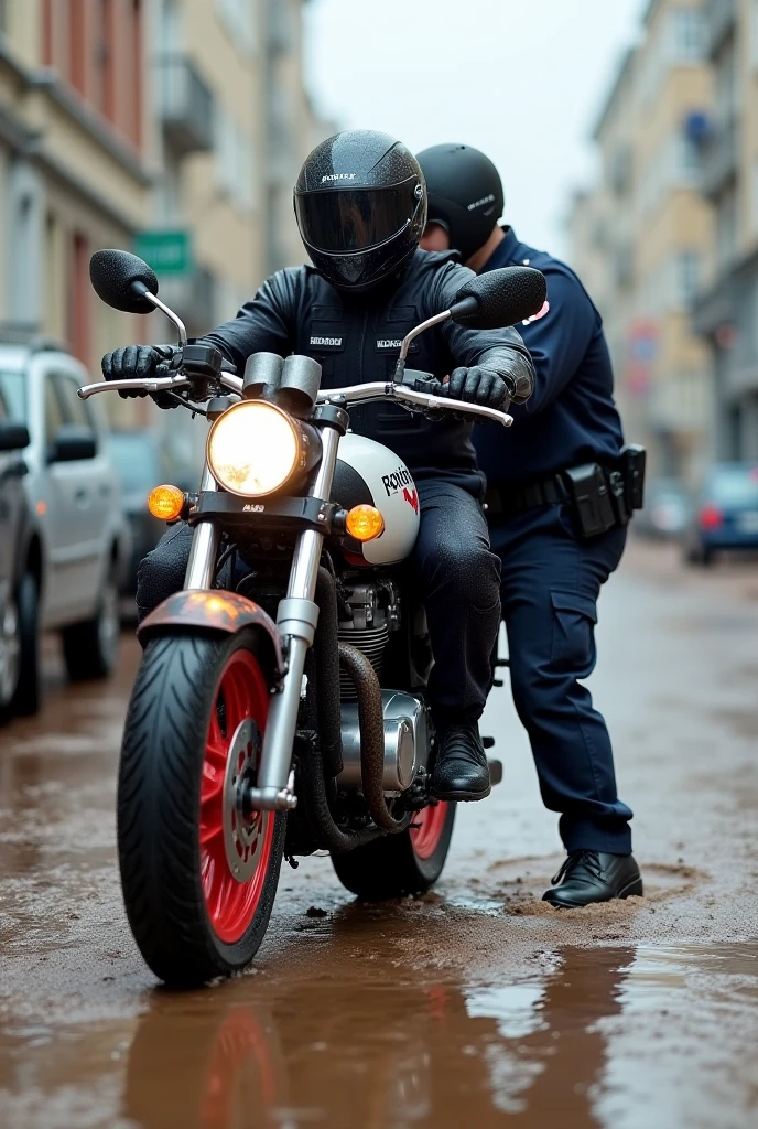 asian men, 49-years-old, police cap, necklace, muscle chub, trunks, exposes the penis, complete penis, riding motorcycle, dark woods background, Full Frame, Professional Lighting