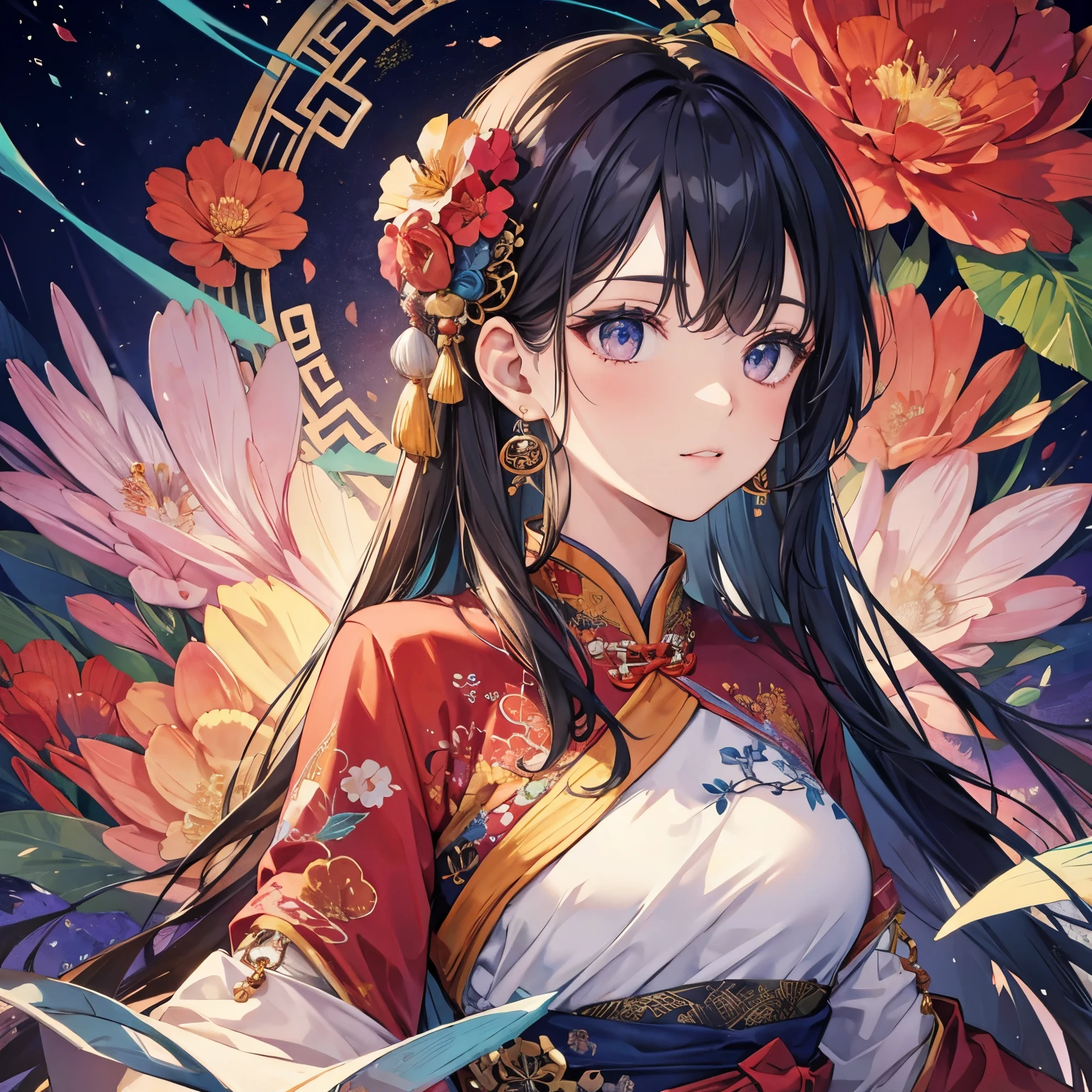 ( masterpiece, Top Quality, has the best quality, official art,  beautiful and beautiful:1.2), (1 Girl:1.3), is extremely nuanced,(Fractal Art:1.1),(colorful:1.1)(Flowers:1.3),Highest Detail,(Zentangle:1.2), (dynamic pose), ( abstract background :1.3), (traditional Chinese costume:1.2), (Glowing Skin), ( many colors :1.4), ,(earrings:1.4),