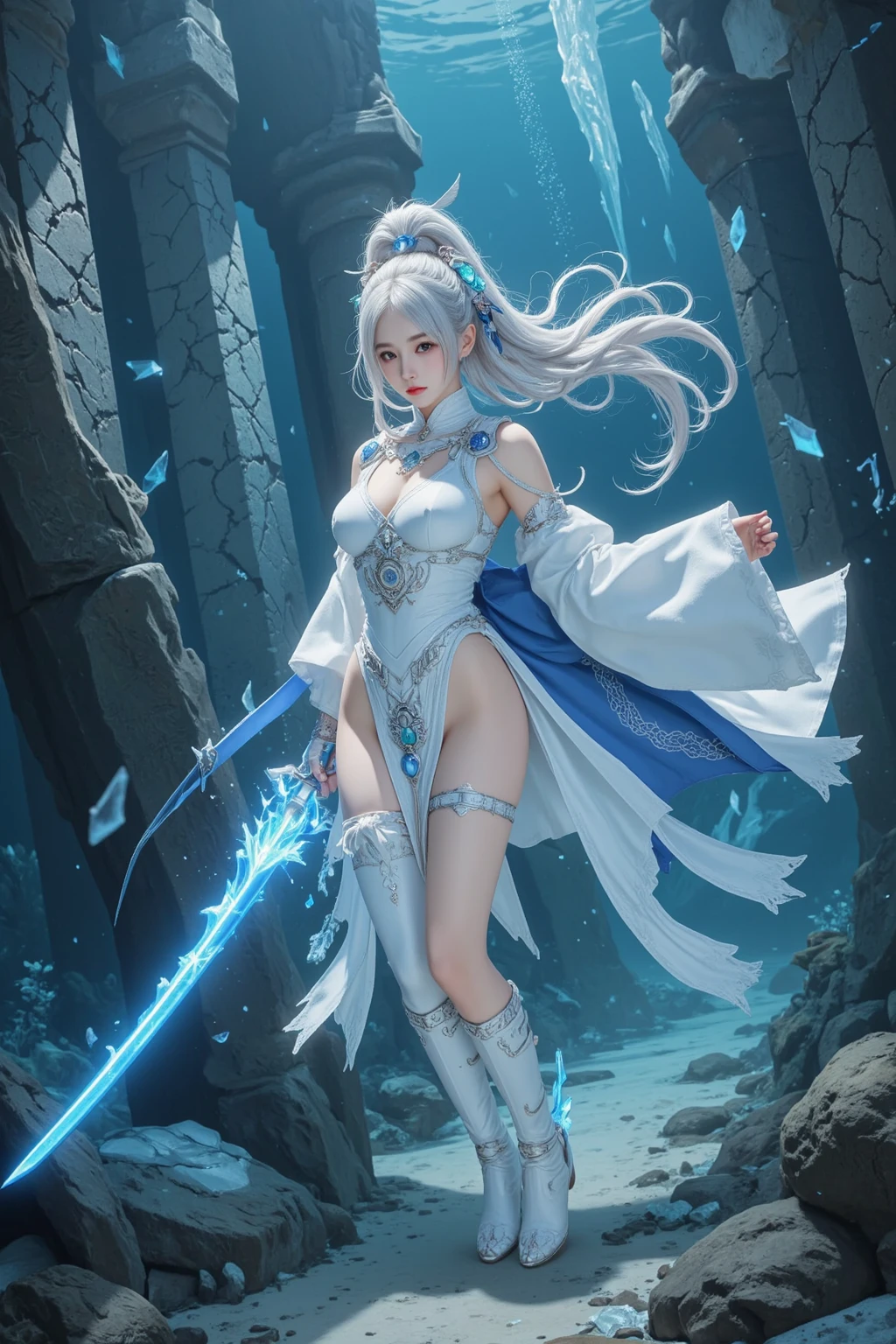 long sword,White robe,blue hair