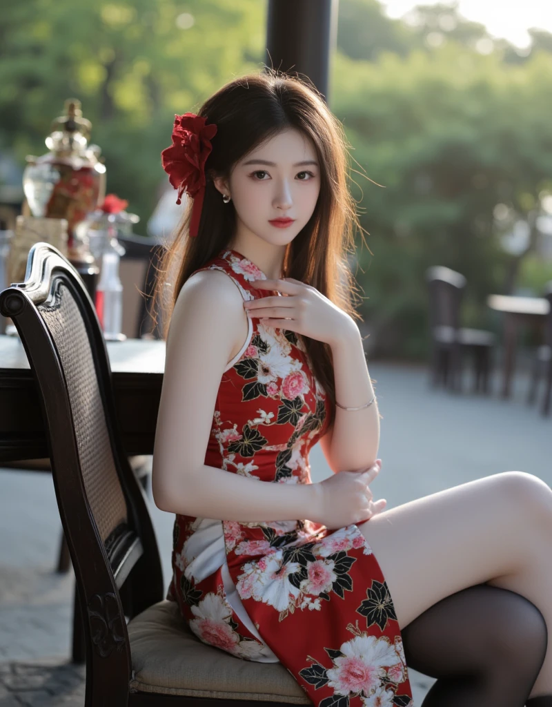 A full-body photo to the feet, a colorful Chinese signature on a Thai-patterned fabric, fluttering, a beautiful girl in a red Chinese dress sitting elegantly on a luxurious white velvet chair, amazing outdoorsbackground, masterpiece, ultra high resolution8k, oil painting, hyper-realistic 3D, lim light, dramatic shadows.