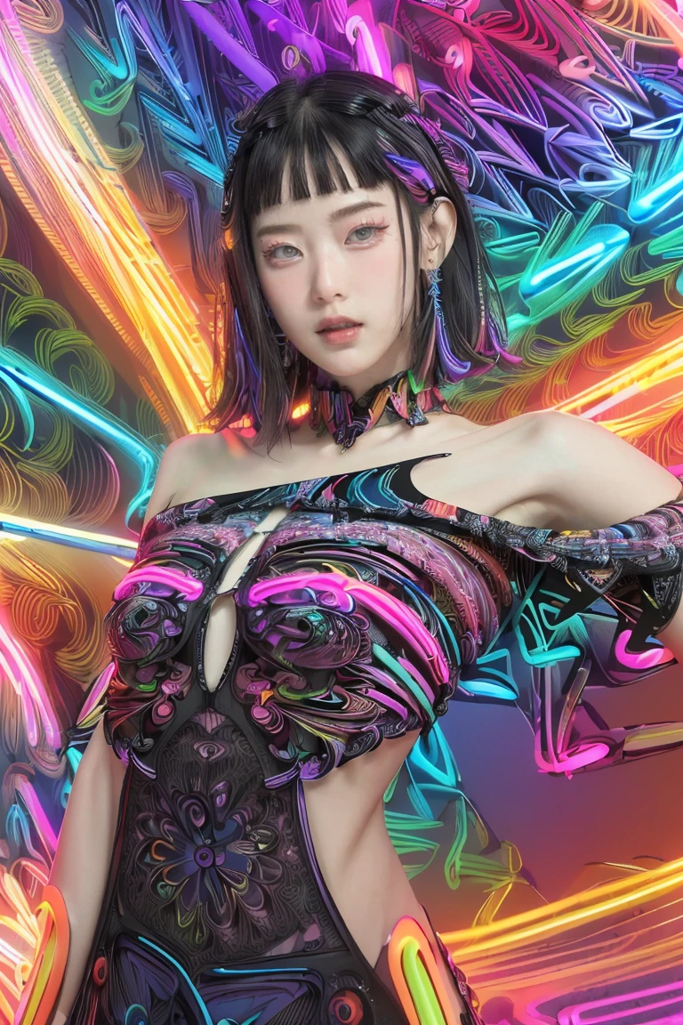 (masutepiece, of the highest quality, Best Quality, Official art, Beautiful and aesthetic:1.2), (1girl in:1.3), Extremely detailed,(Fractal Art:1.2),Colorful,highest details,( Zentangle Neon:1.2), (Dynamic Pose), (Abstract background neon:1.5), (Parliamentarian dress:1.2), (Shiny skin), (Many colors:1.4), Upper body ,neons,16 K,Full-HD