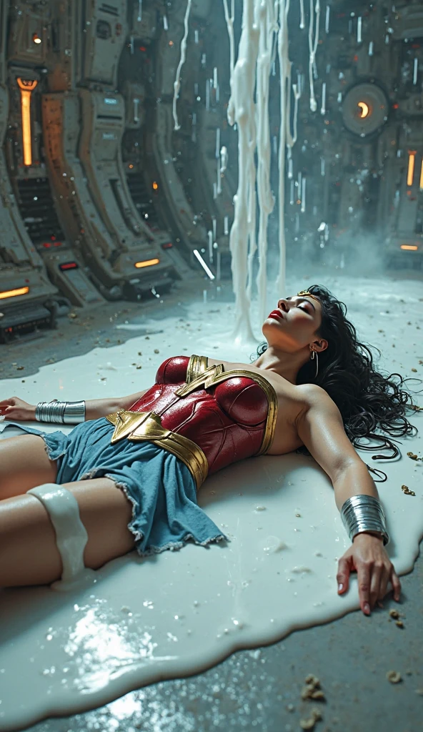 1girl photo, wonder woman, superhero, lying, Lying on the back, hands on the abdomen: Bend the knees, maintain a soft gaze at the camera, realistic, torn bodysuit , (torn clothes, exposed clothes:0.5), realistic blue eyes, dark hair, lips, long hair, solo, (ripped Bare clothes, torn clothes:0.5), natural skin texture, slightly tanned skin tone, muscular, (big breasts:1.3) thin waist, (perfect big hips and wide hips:1.2), (detailed skin), ((dirty )), (wet skin), sweating, (wet body), (beautiful and sexy woman), photorealistic, photography, masterpiece, realistic, realism, photorealism, high contrast, photorealistic digital art trends on Artstation 8k HD high definition detail realistic , detail, skin texture, hyper detail, Realistic skin texture, armature, best quality, ultra high res, (photorealistic:1.4), high resolution, detail, raw photo, sharp re, by lee jeffries nikon d850 film stock photography 4 kodak portra 400 camera f1.6 lens rich colors surreal vivid textures dramatic lighting artstation cinestill 800 unrealengine trends