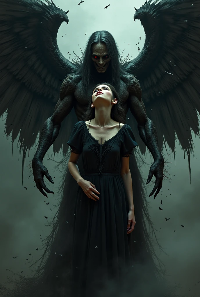 God and Baphomet and Satan, together hugging protecting a 1 woman from the envy of her family