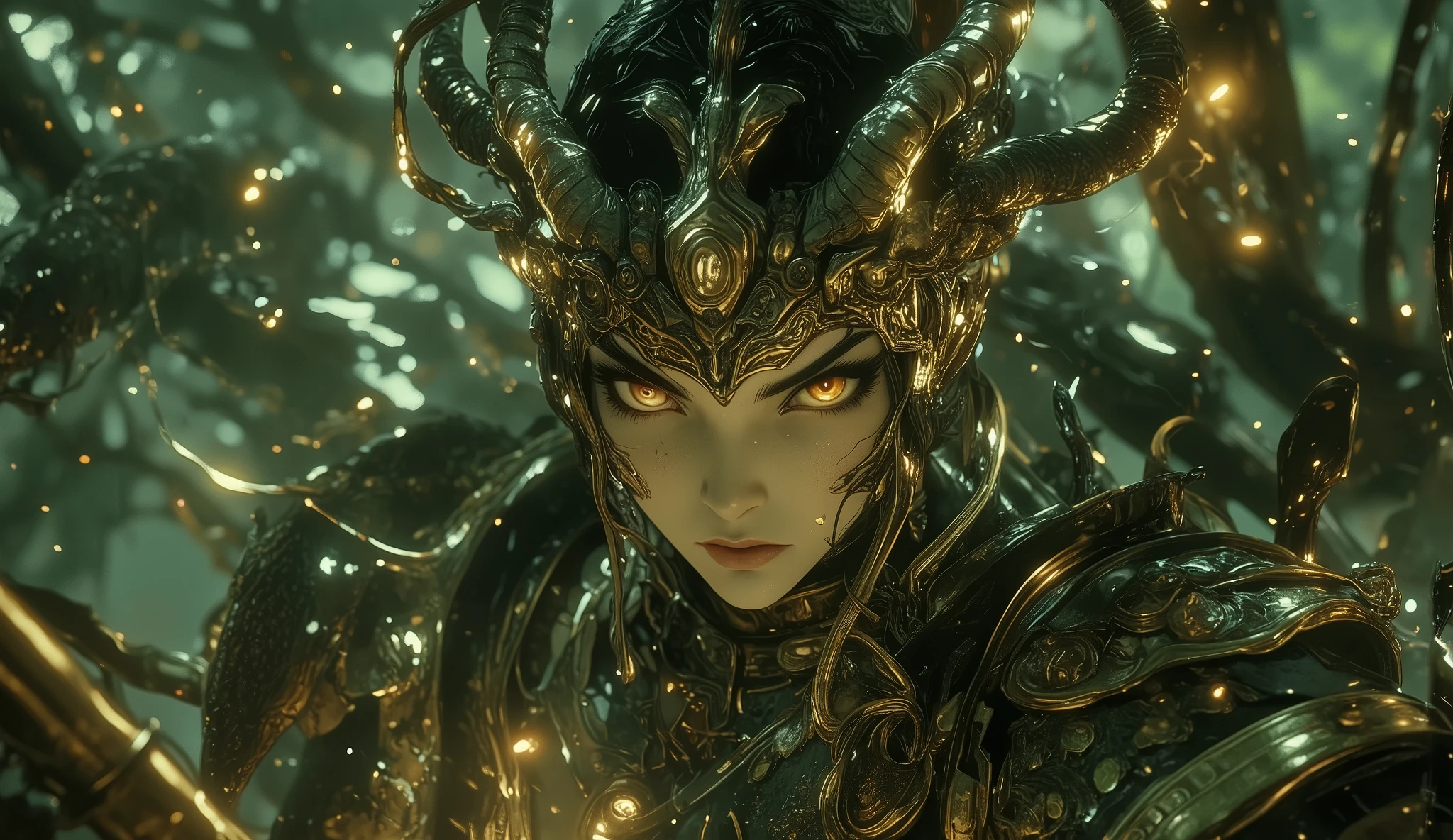 Gadis cantik, ratu, bikini armor, view from above,big breast, representasi naga hutan, hujan di hutan sebagai backdrop,High Resolution, Masterpiece, Accurate, Anatomically Correct, Award Winning, Best Quality, Detail, HD, High Details, High Quality, Textured Skin, UHD, Super Detailed, upper body, sitting on her Thorne,
