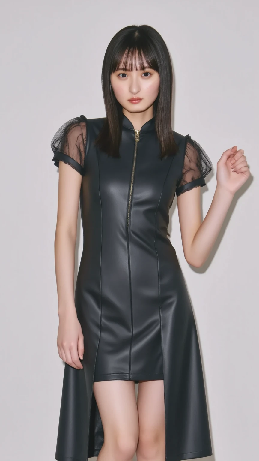 Pixie cut, beautiful girl who looks exactly like Kai Kokoai of STU48, Kai Kokoai, Exactly like Kai Kokoai, smile, STU48's favorite person, STU48's 3rd single "I love you" costume, STU48 single lover costume, Very short hair, more short hair, short short hair, short short hair, dark brown hair, 1 girl, 18 years old, photo, realistic, top quality, detailed face, strong sunlight, sea, embankment, detailed background, diffused sunlight, depth of field, bokeh (best quality: 1.2), (masterpiece: 1.2), looking at the viewer, knee-length long dress with white short-sleeved collar, with collar, long dress, best smile, more thin light blue stripes,
