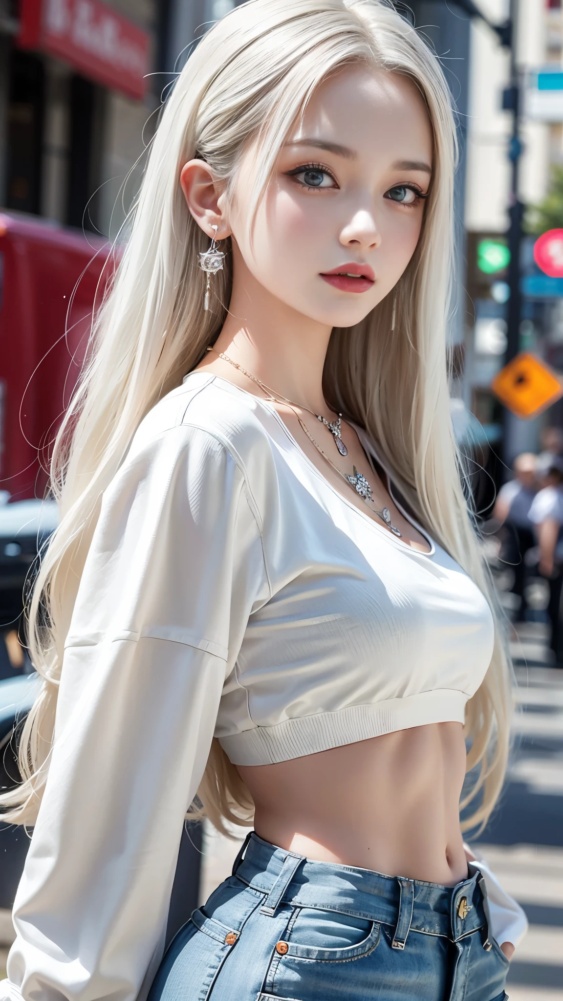 Photorealistic, High resolution, 1womanl, Solo, hips up high, view the viewer, (Detailed face), Narrow waist, Closed lips, Blonde gradient hair, Long hair, Street attire, Jewelry, a necklace、piercings、、Very small bust、flat breast、HIPPHOP、rapper、Girl Crush