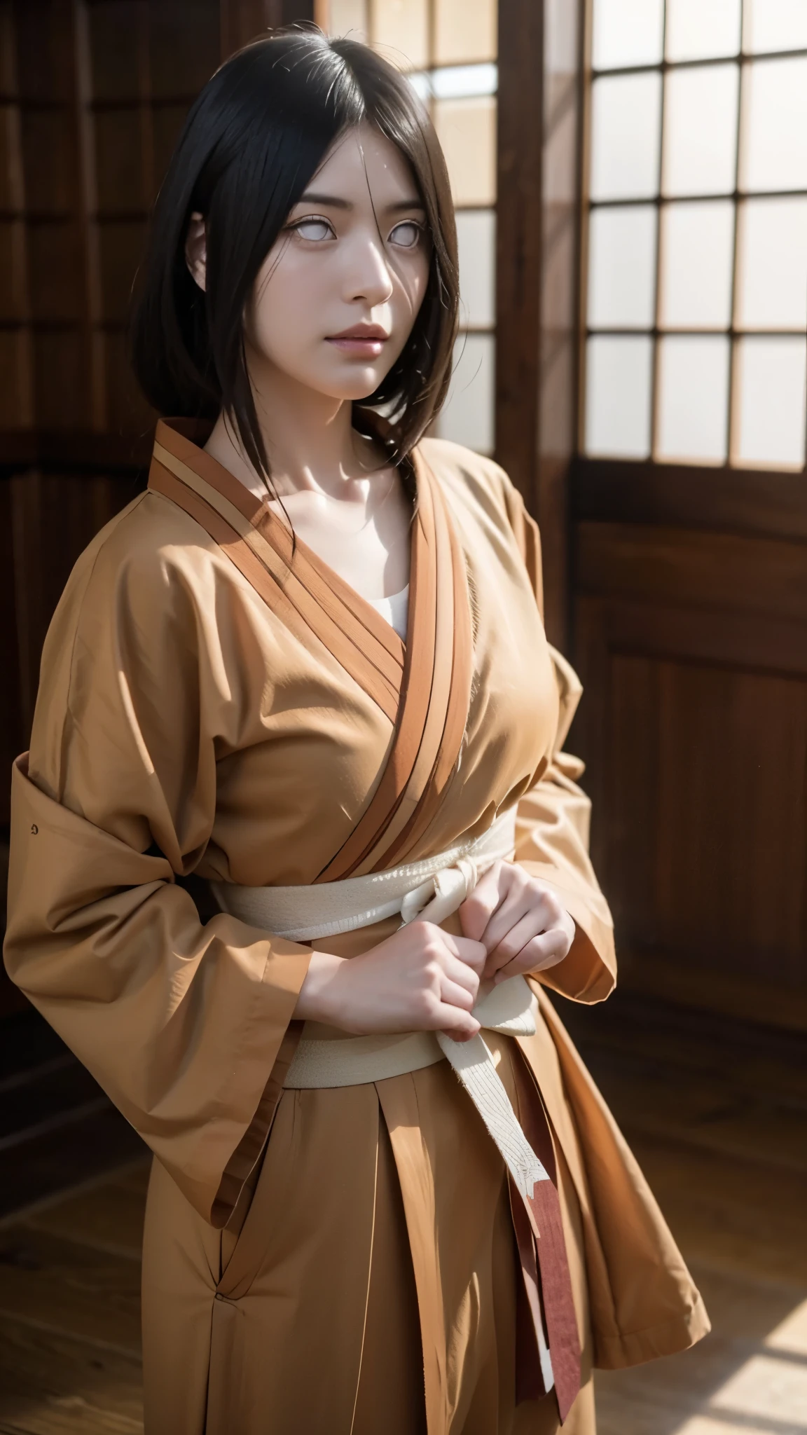 A hyper-realistic and lifelike portrait of a young female ninja with long, dark brown hair and striking white Byakugan eyes. Her expression is calm yet determined, exuding confidence and strength. She wears a traditional dark blue and white shinobi outfit, resembling the Hyuga clan’s aesthetic, with intricate patterns and textures. Her stance is graceful, with a poised and balanced posture, hinting at her expertise in the Gentle Fist martial arts. The background features a softly lit traditional Japanese dojo, adding depth and atmosphere to the scene. The lighting is soft and natural, highlighting the contours of her face and the fine details of her outfit. The overall composition is realistic, detailed, and immersive, making her appear almost lifelike