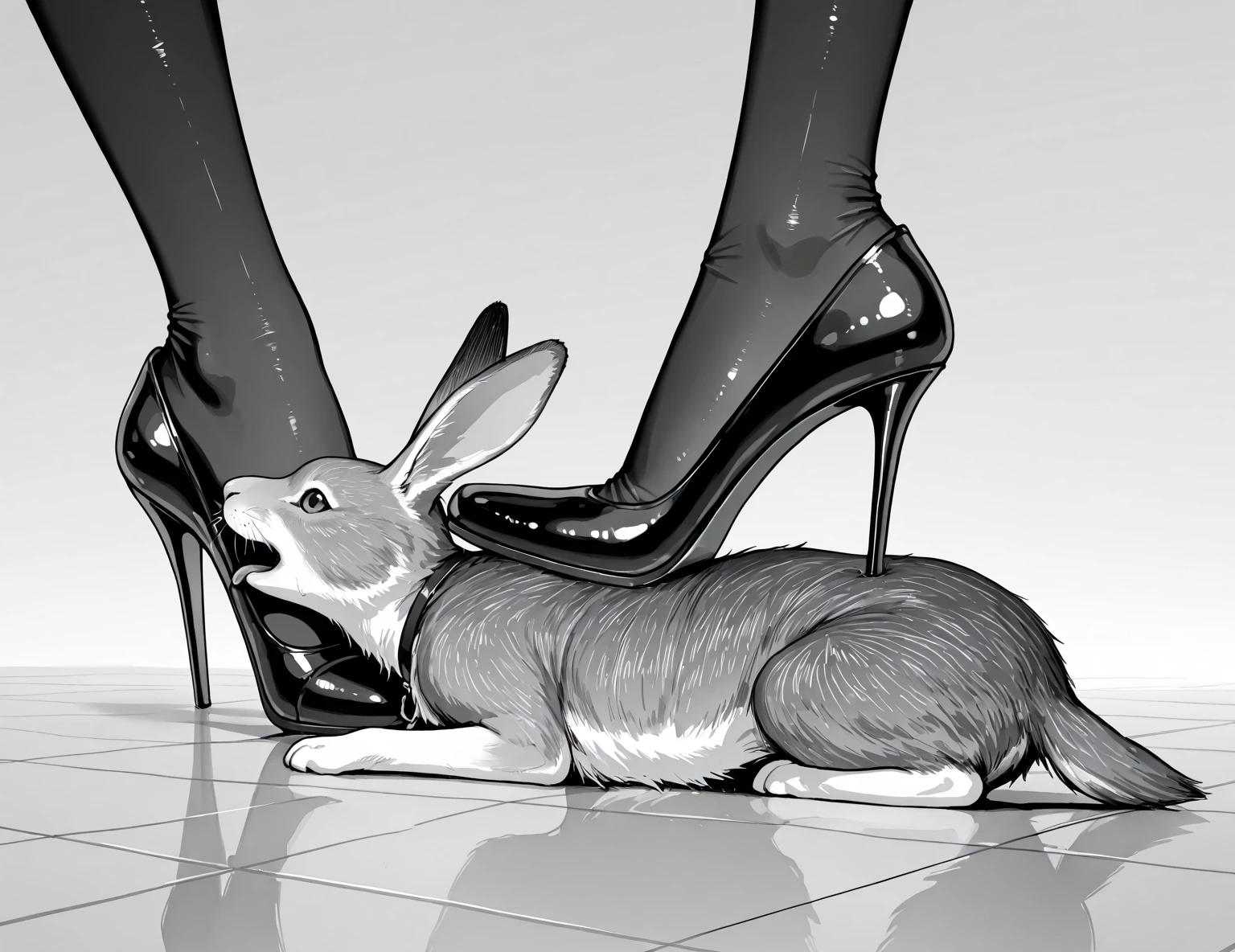 judyhopps, purple eyes, rabbit, rabbit ears, rabbit girl, (((black skirt suit))), (((three-piece suit))), (((dress shirt))), (((necktie))), (((navy blazer))), (((suit jacket))), ((waistcoat)), double-breasted waistcoat, (((satin bodycon miniskirt))), pocket square, cufflinks, tie clip, makeup, eyeshadow, mascara, eyeliner, sultry, blowjob, fellatio, deepthroat, facefuck, oral sex, high heels, cum on face, male tiger, size difference, short, squatting