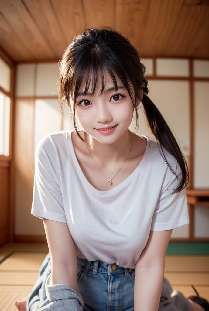 Japanese female, a lot of details, (underweight), 30 years old, detailed black hair, beautiful detailed hair, super fucking beautiful, delicate beautiful face, complex details beautiful and delicate eyes, perfect hands, (flat chest best quality:1.5), perfect and delicate limbs, detailed skin, best quality, ultra-detailed,(cheerful grin:1.5),
izakaya, food photo, sitting, legs spread, semi long, (red long-sleeved t-shirt), (white jeans), japanese, wide shot, from front, birds-eye view