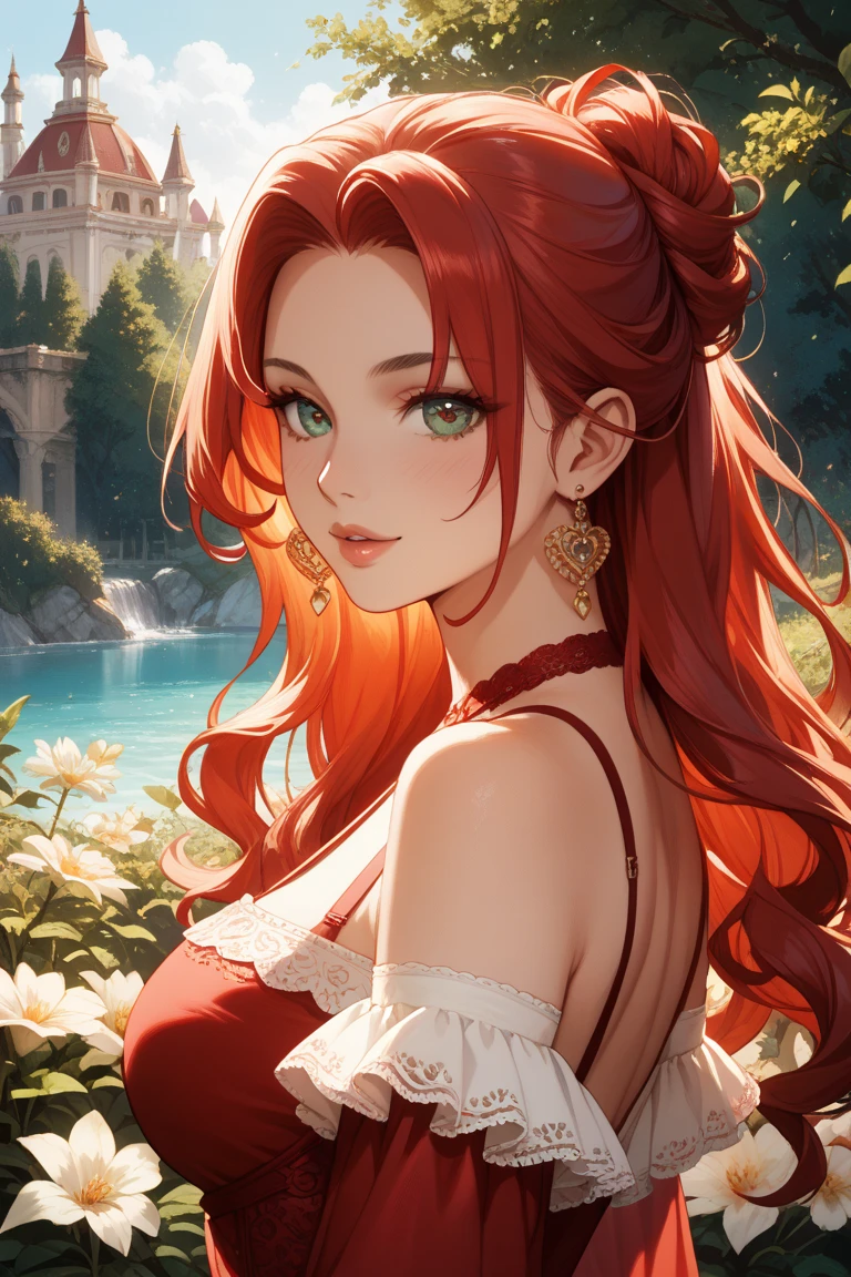 Close-up, looking at the camera, beautiful girl, garlic, flower, (beautiful girl), delicate facial features, detailed portrayal of the corners of the eyes, bust photo, moist lips, sad eyes, tears, crying, long red hair, smooth and delicate skin, ((red clothes)), red long skirt, exposed thighs, brilliant and colorful, fantasy art, mysticism, dream scenes, dreams, dream lights, seduction, psychedelic, misty halo, (((night))), ((night)), riverbank, full of flowers on the other side, dream, Flying red tiny petals, red fluorescent petals, fluorescent flowers, fluorescent flowing water, standing in the water, shallow water, master works, extreme details, dissecting correctly, correct limbs, accurate, hud, HD, exquisite details, 8K, red light