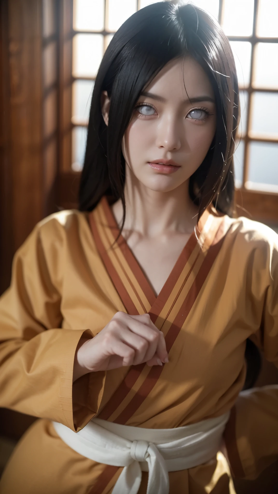 A hyper-realistic and lifelike portrait of a young female ninja with long, dark brown hair and striking white Byakugan eyes. Her expression is calm yet determined, exuding confidence and strength. She wears a traditional dark blue and white shinobi outfit, resembling the Hyuga clan’s aesthetic, with intricate patterns and textures. Her stance is graceful, with a poised and balanced posture, hinting at her expertise in the Gentle Fist martial arts. The background features a softly lit traditional Japanese dojo, adding depth and atmosphere to the scene. The lighting is soft and natural, highlighting the contours of her face and the fine details of her outfit. The overall composition is realistic, detailed, and immersive, making her appear almost lifelike