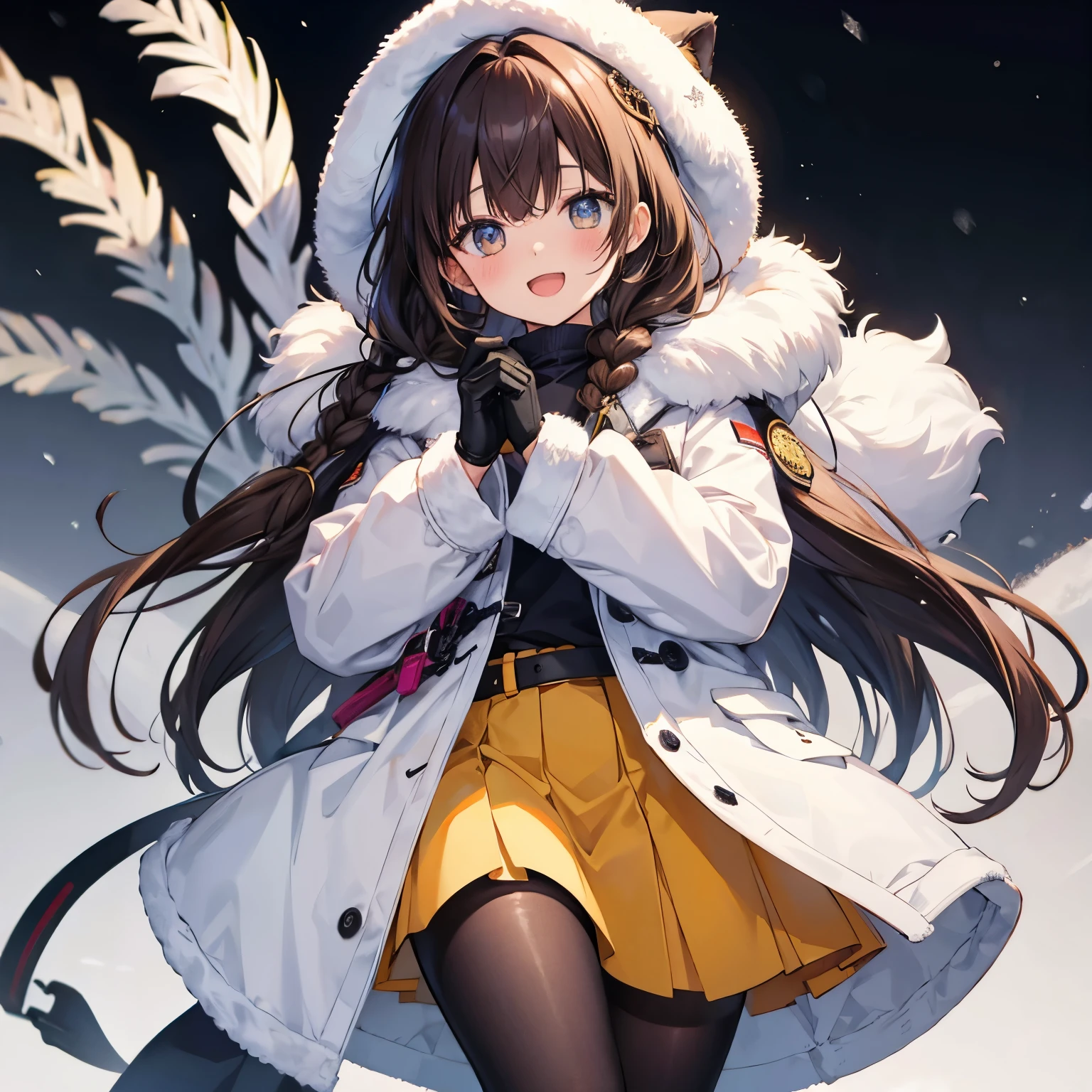 Osaki Amane, 1 Girl, have, gloves, long hair, alone, white background, fur have, Smile, brown hair, looking at viewer, yellow pantyhose , simple background, fur trim , open mouth , coat, blush, Winter Clothes, braid, white coat, v, long sleeves, bangs, swept bangs, teeth