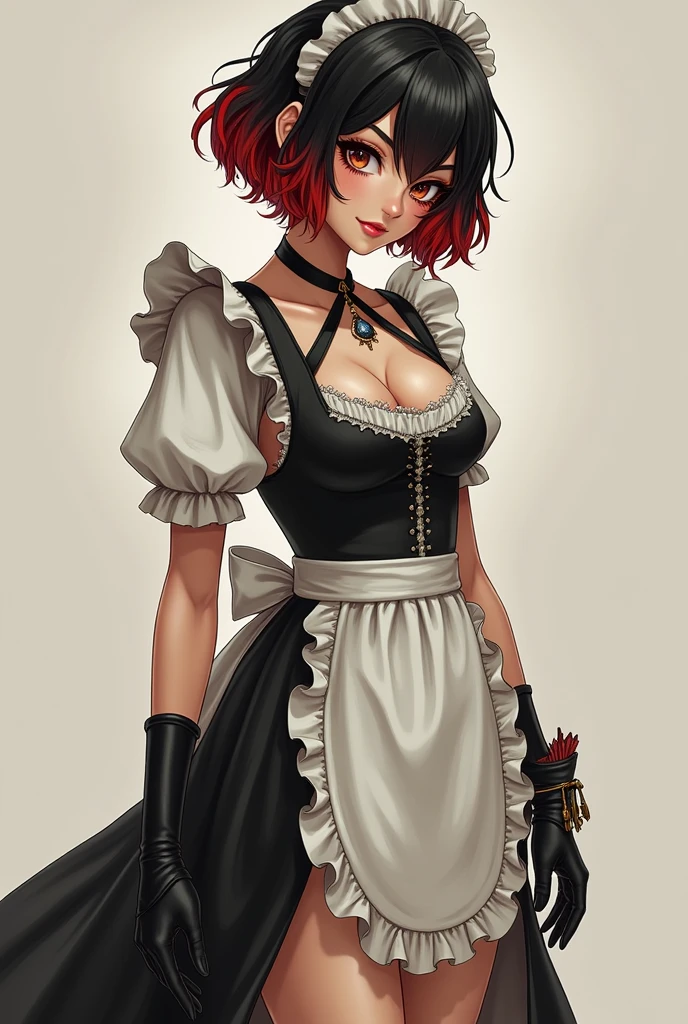 (masterpiece, best quality, perfect hourglass figure, wide waist, blush), busty, portrait, perfect face, flawless eyes, empty gradient background, beautiful lips, full lips, (arms behind back), perfect waist, cowboy shot, perfect hips,, wide smile, sanpaku, concave bangs, round pupils, evil eyes, tan, dark skin, brown skin, short puffy hair, huge breasts, saggy breasts, scarlet hair, GothGal, wearing a GothGal outfi, dress, frills
