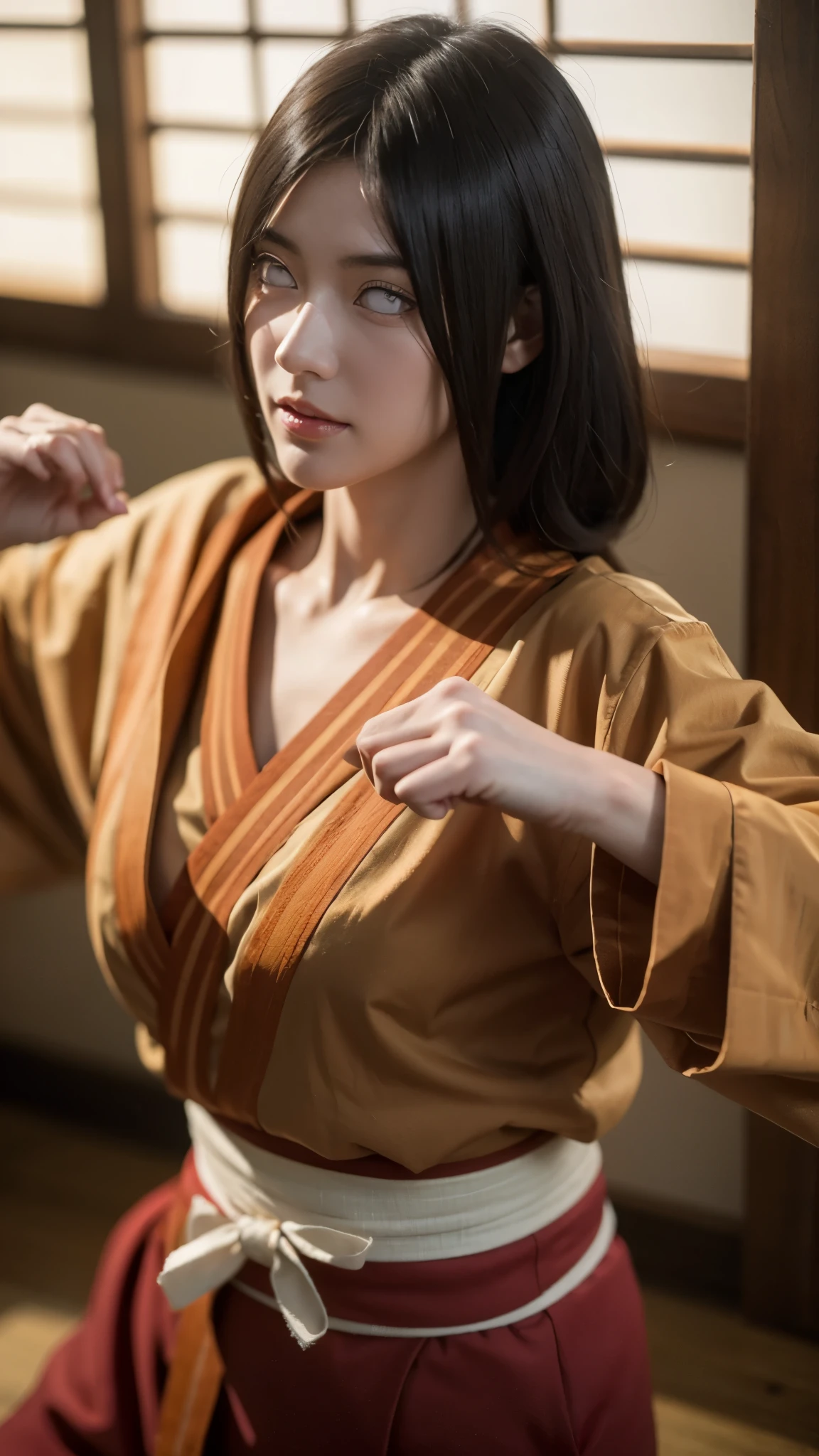A hyper-realistic and lifelike portrait of a young female ninja with long, dark brown hair and striking white Byakugan eyes. Her expression is calm yet determined, exuding confidence and strength. She wears a traditional dark blue and white shinobi outfit, resembling the Hyuga clan’s aesthetic, with intricate patterns and textures. Her stance is graceful, with a poised and balanced posture, hinting at her expertise in the Gentle Fist martial arts. The background features a softly lit traditional Japanese dojo, adding depth and atmosphere to the scene. The lighting is soft and natural, highlighting the contours of her face and the fine details of her outfit. The overall composition is realistic, detailed, and immersive, making her appear almost lifelike