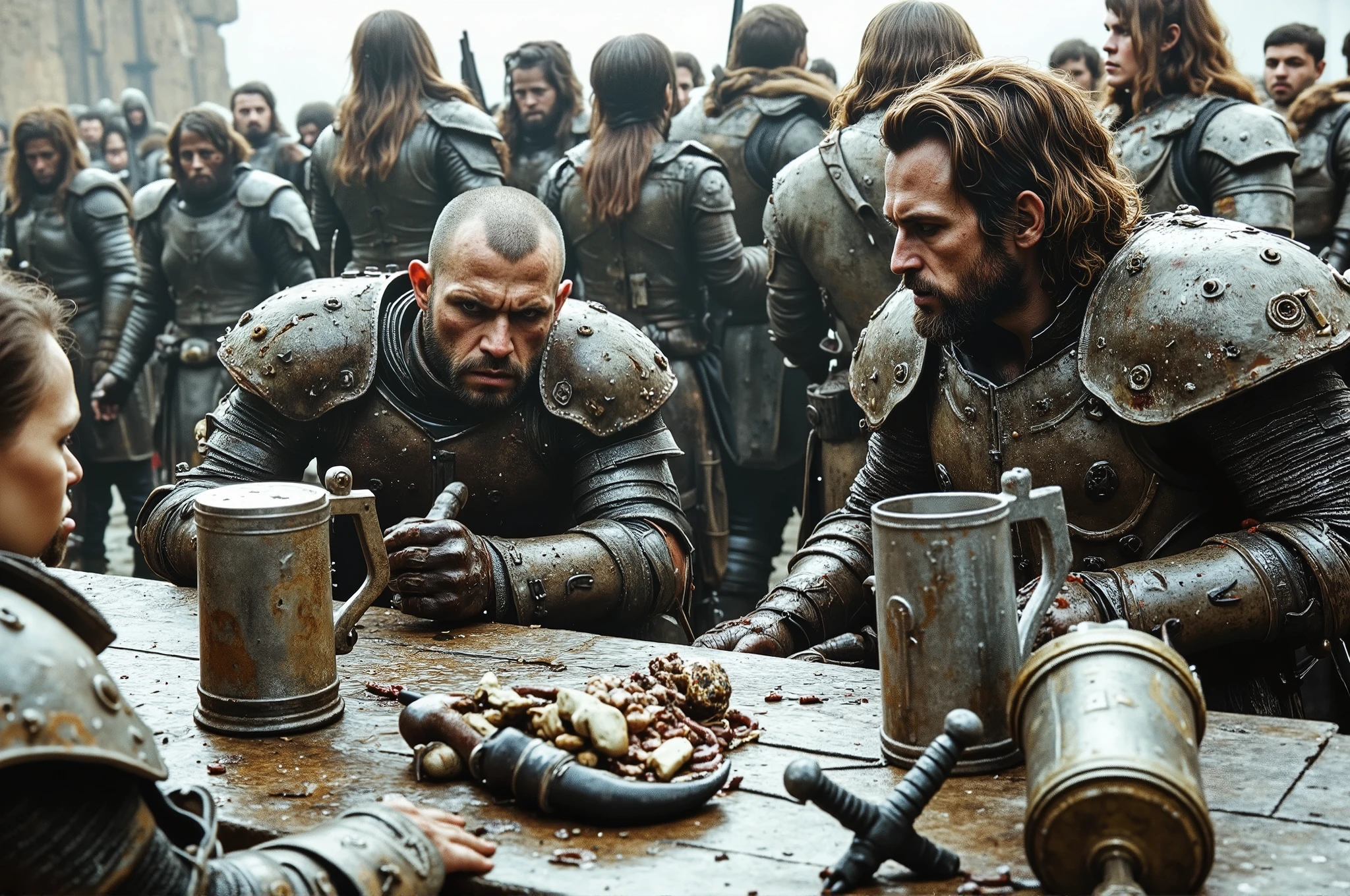 2 people sitting at a table in a crowded, rowdy medieval beergarden: Person 1: A haggard, Caucasian male knight in dented, blood-streaked platemail armor sitting at a scarred picnic table in a crowded, rowdy medieval beergarden, shaven brown hair crewcut matted with grime and highlights dulled by ash, pale white face skin streaked with dirt, sunken brown eyes haunted and depressed, a sheathed sword weapon and shield propped against the table, clutching a dented pewter tankard of beer in a gauntleted hand caked with dried mud, a tattered satchel spilling bones and trinkets at his side, the air thick with the stench of decay and despair. Person 2: A haggard, matronly Caucasian woman paladin in dented, blood-streaked platemail armor sitting at a scarred picnic table in a crowded, rowdy medieval beergarden, long brown hair matted with grime and streaked with ash, pale white face skin streaked with dirt and old scars, sunken brown eyes glaring with indignant fury, a sheathed sword weapon propped against the table, clutching a dented pewter tankard of beer in a gauntleted hand caked with dried blood, oversized cracked lenses perched atop her head, a tattered satchel spilling bones and trinkets at her side, the air thick with the stench of decay and despair.