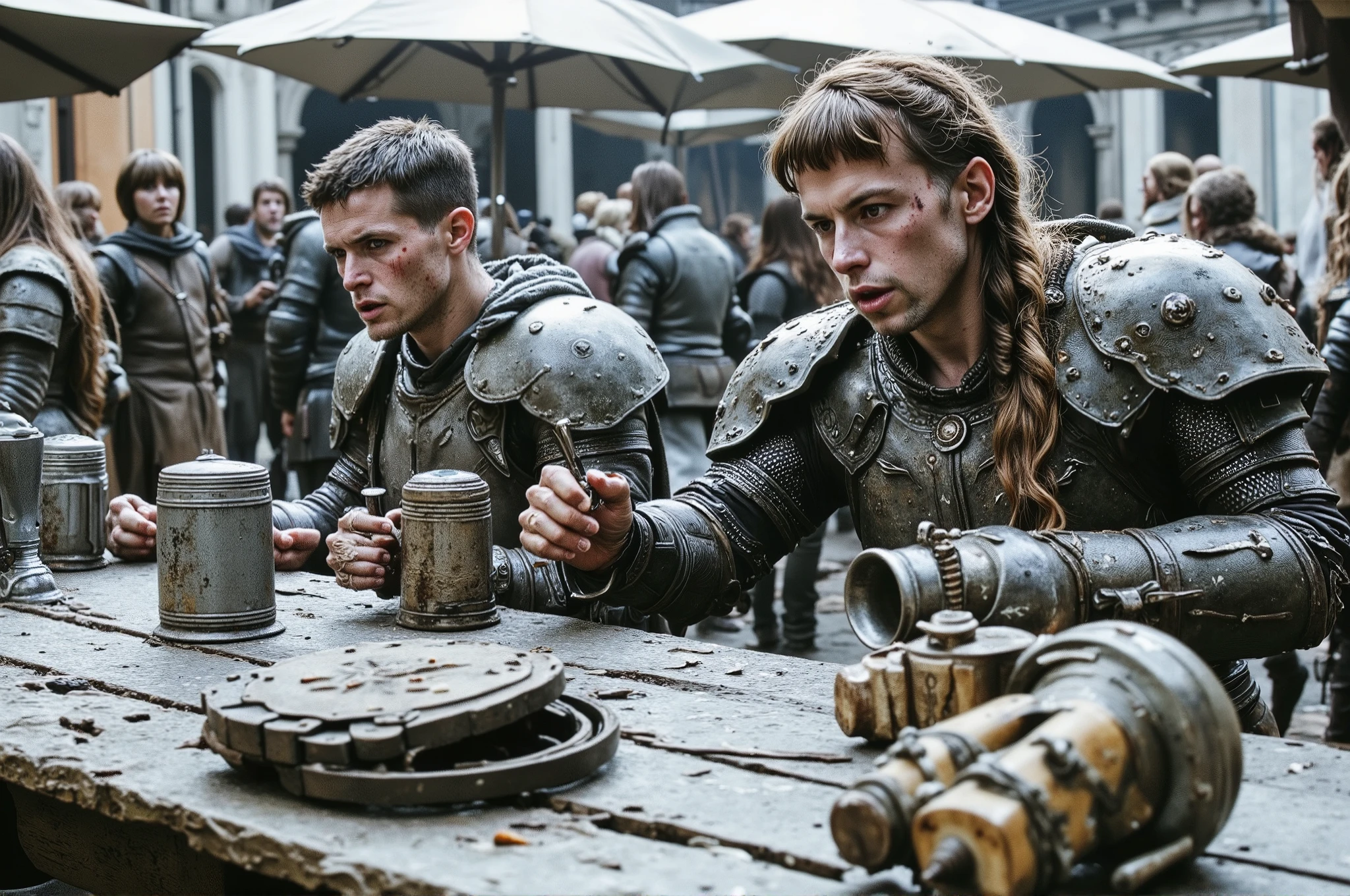 2 people sitting at a table in a crowded, rowdy medieval beergarden: Person 1: A haggard, Caucasian male knight in dented, blood-streaked platemail armor sitting at a scarred picnic table in a crowded, rowdy medieval beergarden, shaven brown hair crewcut matted with grime and highlights dulled by ash, pale white face skin streaked with dirt, sunken brown eyes haunted and depressed, a sheathed sword weapon and shield propped against the table, clutching a dented pewter tankard of beer in a gauntleted hand caked with dried mud, a tattered satchel spilling bones and trinkets at his side, the air thick with the stench of decay and despair. Person 2: A haggard, matronly Caucasian woman paladin in dented, blood-streaked platemail armor sitting at a scarred picnic table in a crowded, rowdy medieval beergarden, long brown hair matted with grime and streaked with ash, pale white face skin streaked with dirt and old scars, sunken brown eyes glaring with indignant fury, a sheathed sword weapon propped against the table, clutching a dented pewter tankard of beer in a gauntleted hand caked with dried blood, oversized cracked lenses perched atop her head, a tattered satchel spilling bones and trinkets at her side, the air thick with the stench of decay and despair.