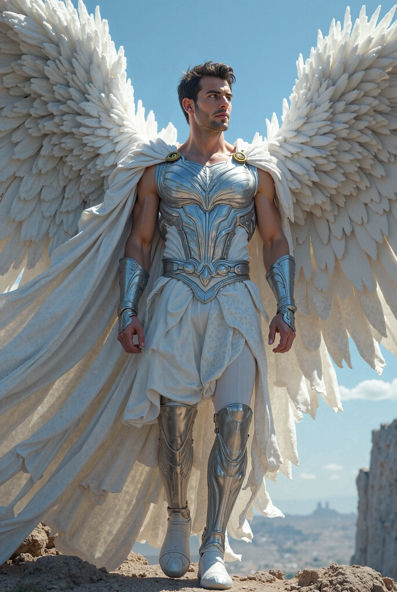 Ultra high resolution, best quality, photograph, 4k, (photographrealistic: 1.4), movie light, The male angel has large translucent wings., A shirtless, muscular man., Abdominal muscles wearing medieval gold armor, Fine fur, feThe male angel has large translucent wings., muscular woman, Abdominal muscles wearing medieval gold armor, Fine fur, cyberpunk environment, Environment with snow and ice in the background, ice cathedral, Portal of the future, Three-dimensional lighting, HD, magic, god of light, Backlight, detailed face, contrast, smooth skin, soft hands, correct ???????, five fingers.?????? tung,Big target,big egg,The crotch is long and large and tight..