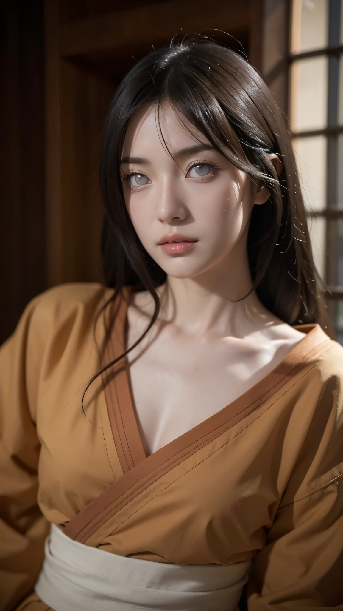 A hyper-realistic and lifelike portrait of a young female ninja with long, dark brown hair and striking white Byakugan eyes. Her expression is calm yet determined, exuding confidence and strength. She wears a traditional dark blue and white shinobi outfit, resembling the Hyuga clan’s aesthetic, with intricate patterns and textures. Her stance is graceful, with a poised and balanced posture, hinting at her expertise in the Gentle Fist martial arts. The background features a softly lit traditional Japanese dojo, adding depth and atmosphere to the scene. The lighting is soft and natural, highlighting the contours of her face and the fine details of her outfit. The overall composition is realistic, detailed, and immersive, making her appear almost lifelike