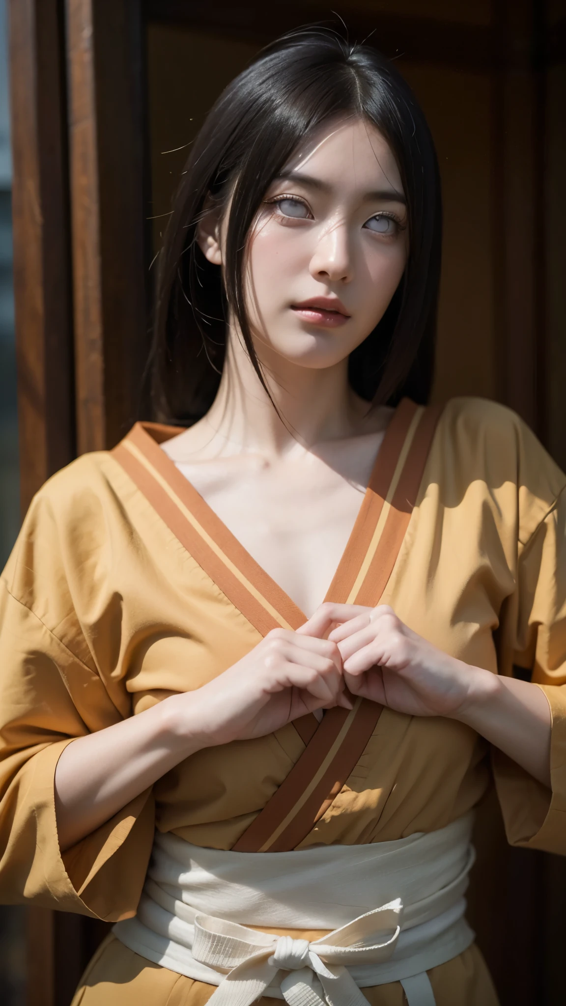 A hyper-realistic and lifelike portrait of a young female ninja with long, dark brown hair and striking white Byakugan eyes. Her expression is calm yet determined, exuding confidence and strength. She wears a traditional dark blue and white shinobi outfit, resembling the Hyuga clan’s aesthetic, with intricate patterns and textures. Her stance is graceful, with a poised and balanced posture, hinting at her expertise in the Gentle Fist martial arts. The background features a softly lit traditional Japanese dojo, adding depth and atmosphere to the scene. The lighting is soft and natural, highlighting the contours of her face and the fine details of her outfit. The overall composition is realistic, detailed, and immersive, making her appear almost lifelike