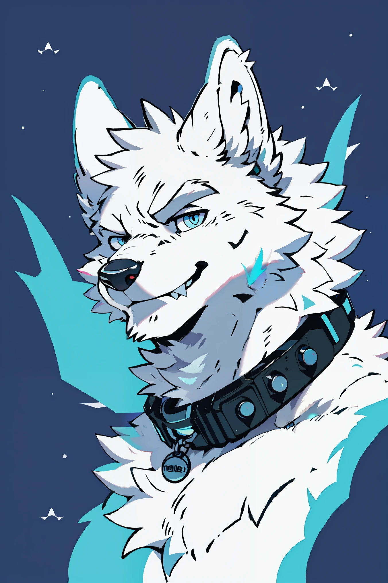 Snow wolf, (all white fur:1.5), Solo, Perfect Sky blue eyeS, collar, Wearing a white Suit, (artiSt:Takemoto AraShi), Look at the audience, Mature face, elder, Simple background, naughty face, glint, longeyelaSheS, naughty face, ( fang out:1.5), Clear facial detailS, Seductive Smile, from Side, TonaliSm, tachi-e, beSt quality, UHD, Super detail, high detailS, Vaporwave,80,S, retro, 80'S Style, neon , old-School, zhouyoutup