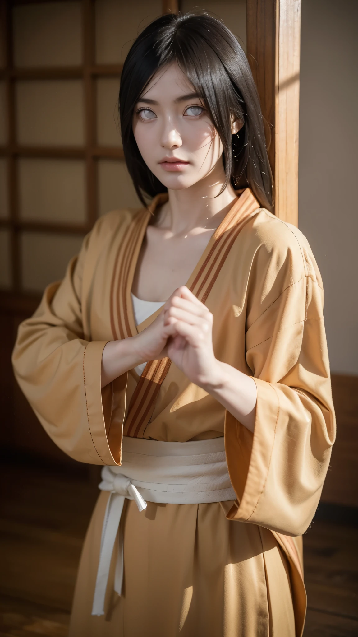 A hyper-realistic and lifelike portrait of a young female ninja with long, dark brown hair and striking white Byakugan eyes. Her expression is calm yet determined, exuding confidence and strength. She wears a traditional dark blue and white shinobi outfit, resembling the Hyuga clan’s aesthetic, with intricate patterns and textures. Her stance is graceful, with a poised and balanced posture, hinting at her expertise in the Gentle Fist martial arts. The background features a softly lit traditional Japanese dojo, adding depth and atmosphere to the scene. The lighting is soft and natural, highlighting the contours of her face and the fine details of her outfit. The overall composition is realistic, detailed, and immersive, making her appear almost lifelike