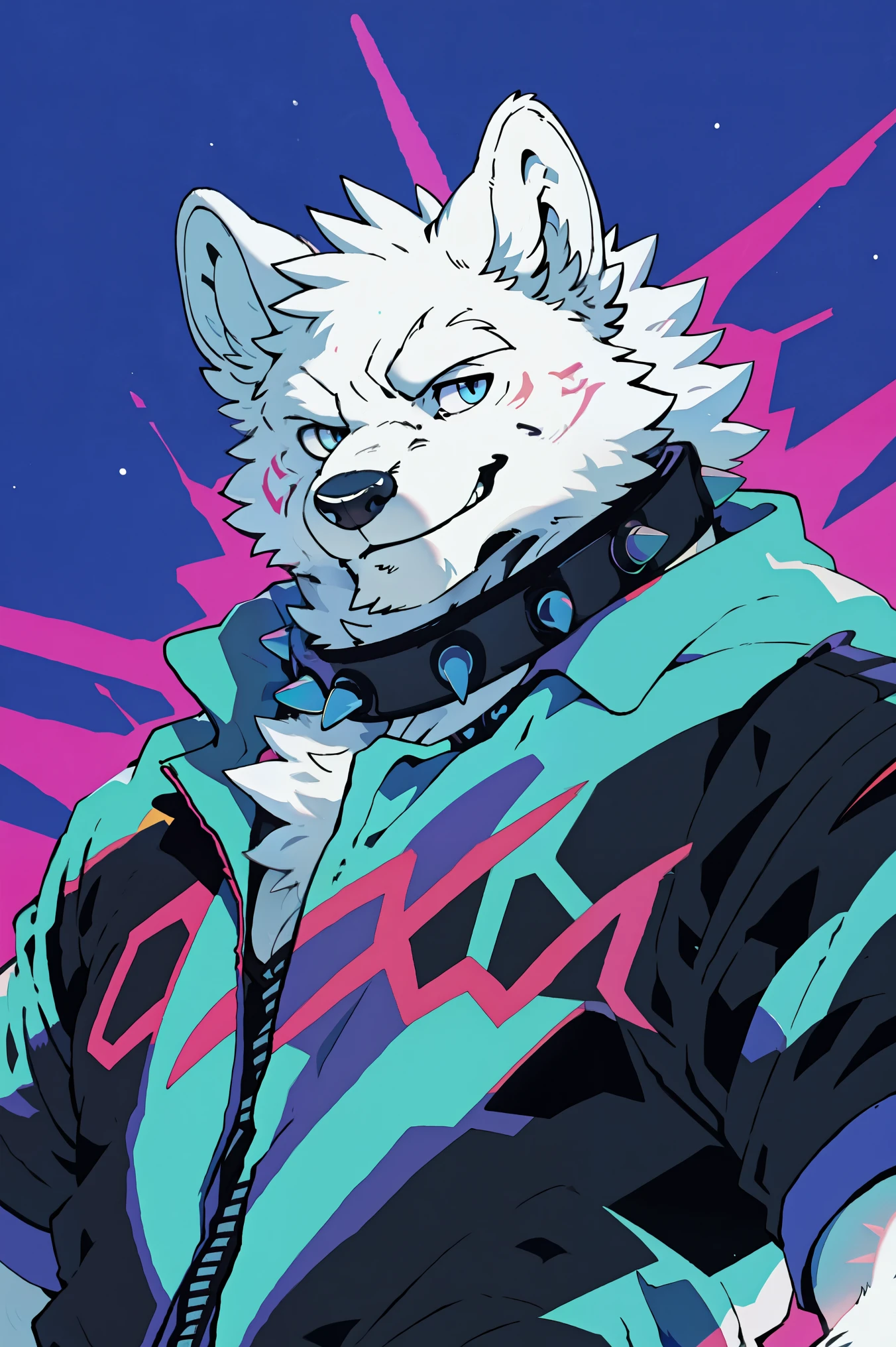 snow wolf, (all white fur:1.5), Alone, Perfect sky blue eyes, Spiked collar, Wearing a white suit, (Artist:Takemoto Arashi), Look at the audience, Mature face, elder, Simple background, naughty face, glint, longeyelashes, naughty face, ( fang out:1.5), Clear facial details, seductive smile, Vaporwave, 80s, retro, 80's style, neon , old-school, zhouyoutup,Tomorrow's Ark, from side, Tonalism, tachi-e, best quality, UHD, super detail, high details