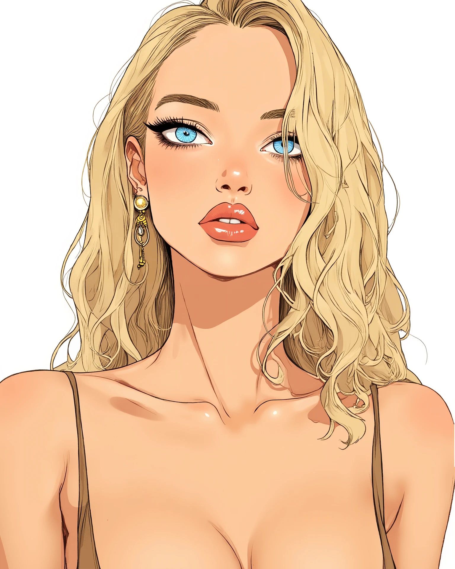 (2D digital illustration, ultra-detailed, high-resolution, professional comic book art, hand-drawn aesthetic, elegant line art, soft shading, vibrant colors, sensual and refined, inspired by Milo Manara’s signature style, masterpiece, best quality)
Character Description:
A stunning, seductive front view portrait of a woman with a perfectly symmetrical face inspired by Jenna Jameson. She has deep blue eyes, framed by long, voluminous lashes, and a gaze that is both intense and hypnotic. Her full, glossy lips are slightly parted in a subtle, inviting smile. She has long, flowing platinum blonde hair, softly cascading over her shoulders with delicate waves. Her flawless, smooth skin give her an ethereal yet sensual look. The facial features are accentuated with delicate shading and soft highlights, reminiscent of Manara’s refined artistic touch.
Pose & Art Style:
Sienna is front view portrayed in a graceful yet sensual pose, with elegant, flowing lines that enhance the natural curves of her body. The color palette consists of warm, rich tones, with shading with realism while maintaining the classic 2D comic book aesthetic. The linework is precise, delicate, and expressive, capturing the essence of traditional inked comic illustrations. The overall tone of the artwork is sophisticated and alluring, focusing on artistic sensuality rather than explicitness.
Background:
A pure white background, keeping the focus entirely on Sienna, ensuring a clean and elegant composition.